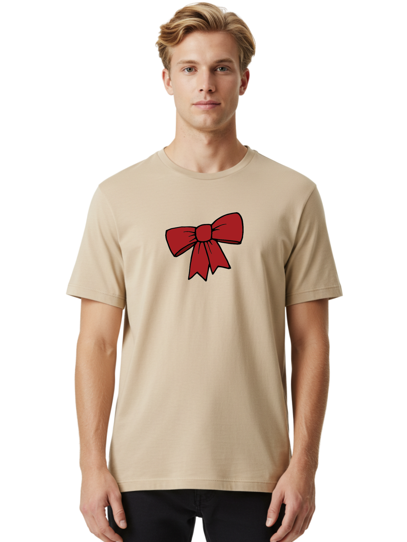 Red-Bow Men'S Graphic Tee, 100% Cotton, Comfortable Casual Summer Wear, Machine Washable, Red Bow, Gift Wrapping, Present Decoration, Festive Ribbon, Holiday Decor, Celebratory Bow, Party Favors Aab070