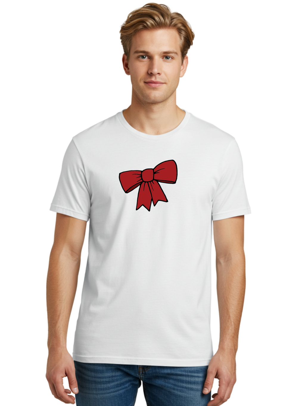 Red-Bow Men'S Graphic Tee, 100% Cotton, Comfortable Casual Summer Wear, Machine Washable, Red Bow, Gift Wrapping, Present Decoration, Festive Ribbon, Holiday Decor, Celebratory Bow, Party Favors Aab070