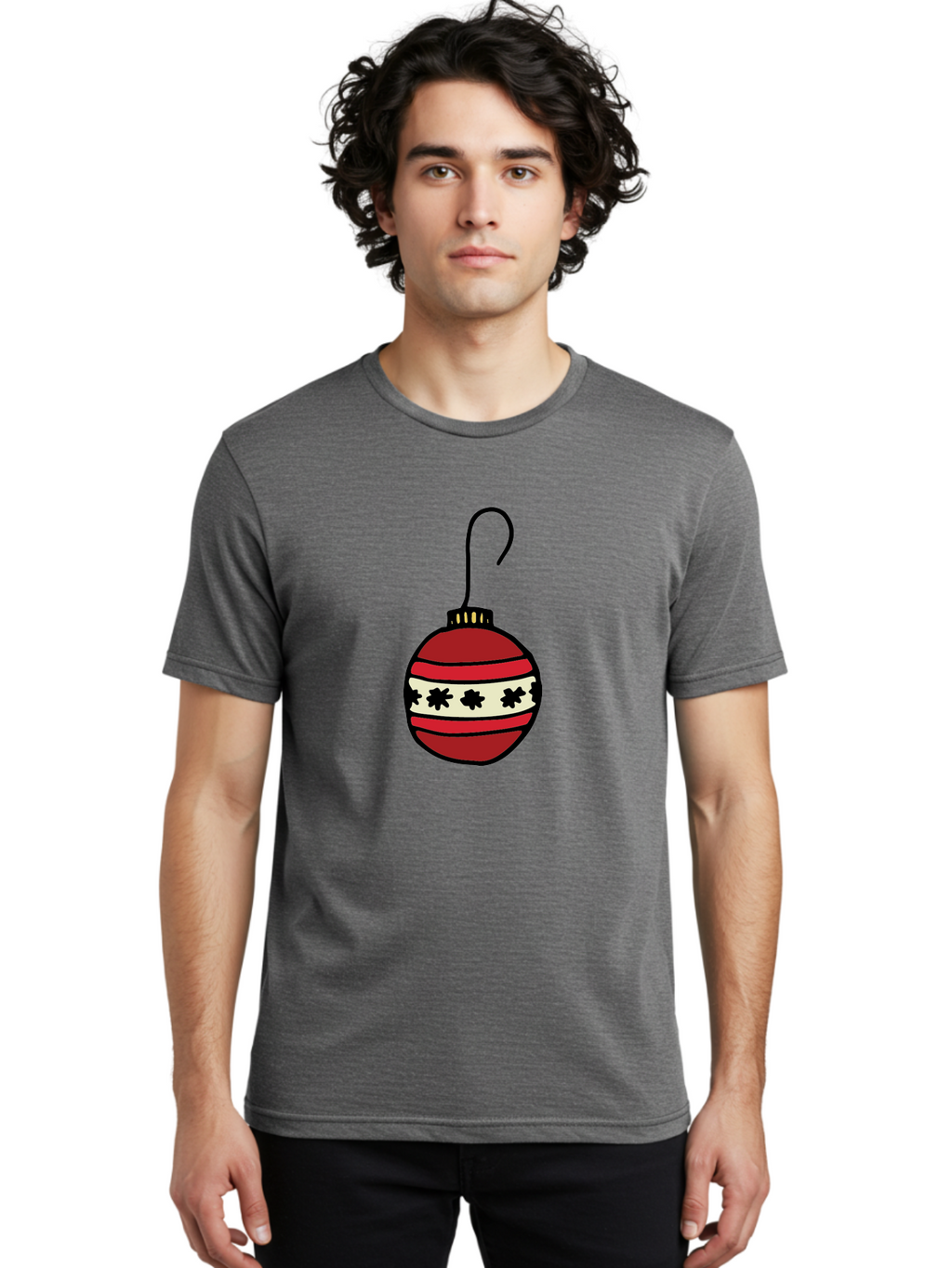 Red-Christmas-Ornament Men'S Graphic Tee, 100% Cotton, Comfortable Casual Summer Wear, Machine Washable, Red Christmas Bauble, Festive Decoration, Holiday Ornament, Black And White Pattern, Snowflake Design, Christmas Tree Decor, Aab076