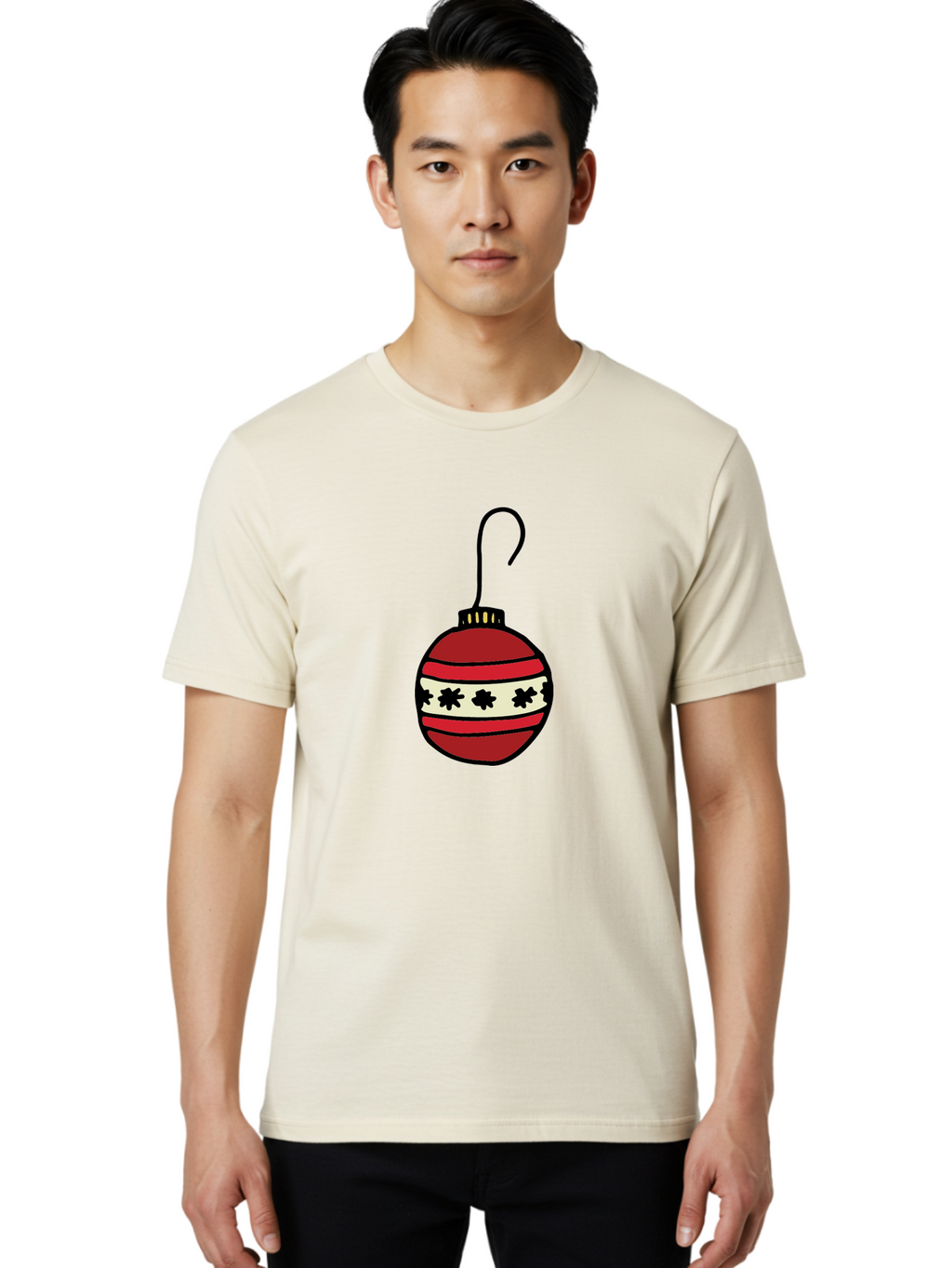 Red-Christmas-Ornament Men'S Graphic Tee, 100% Cotton, Comfortable Casual Summer Wear, Machine Washable, Red Christmas Bauble, Festive Decoration, Holiday Ornament, Black And White Pattern, Snowflake Design, Christmas Tree Decor, Aab076