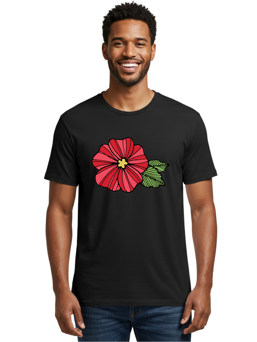 Red-Flower Men'S Graphic Tee, 100% Cotton, Comfortable Casual Summer Wear, Machine Washable, Red Flower, Yellow Center, Green Leaves, Floral Design, Vibrant Petals, Simple Illustration, Cartoon Style, Botanical Art Aab080