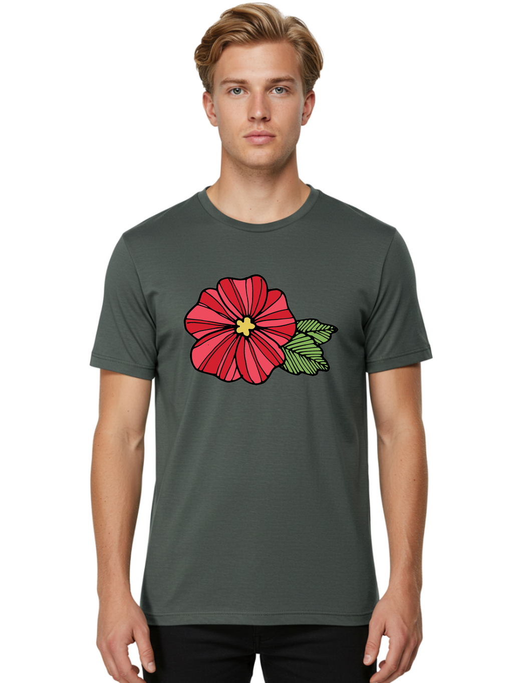 Red-Flower Men'S Graphic Tee, 100% Cotton, Comfortable Casual Summer Wear, Machine Washable, Red Flower, Yellow Center, Green Leaves, Floral Design, Vibrant Petals, Simple Illustration, Cartoon Style, Botanical Art Aab080