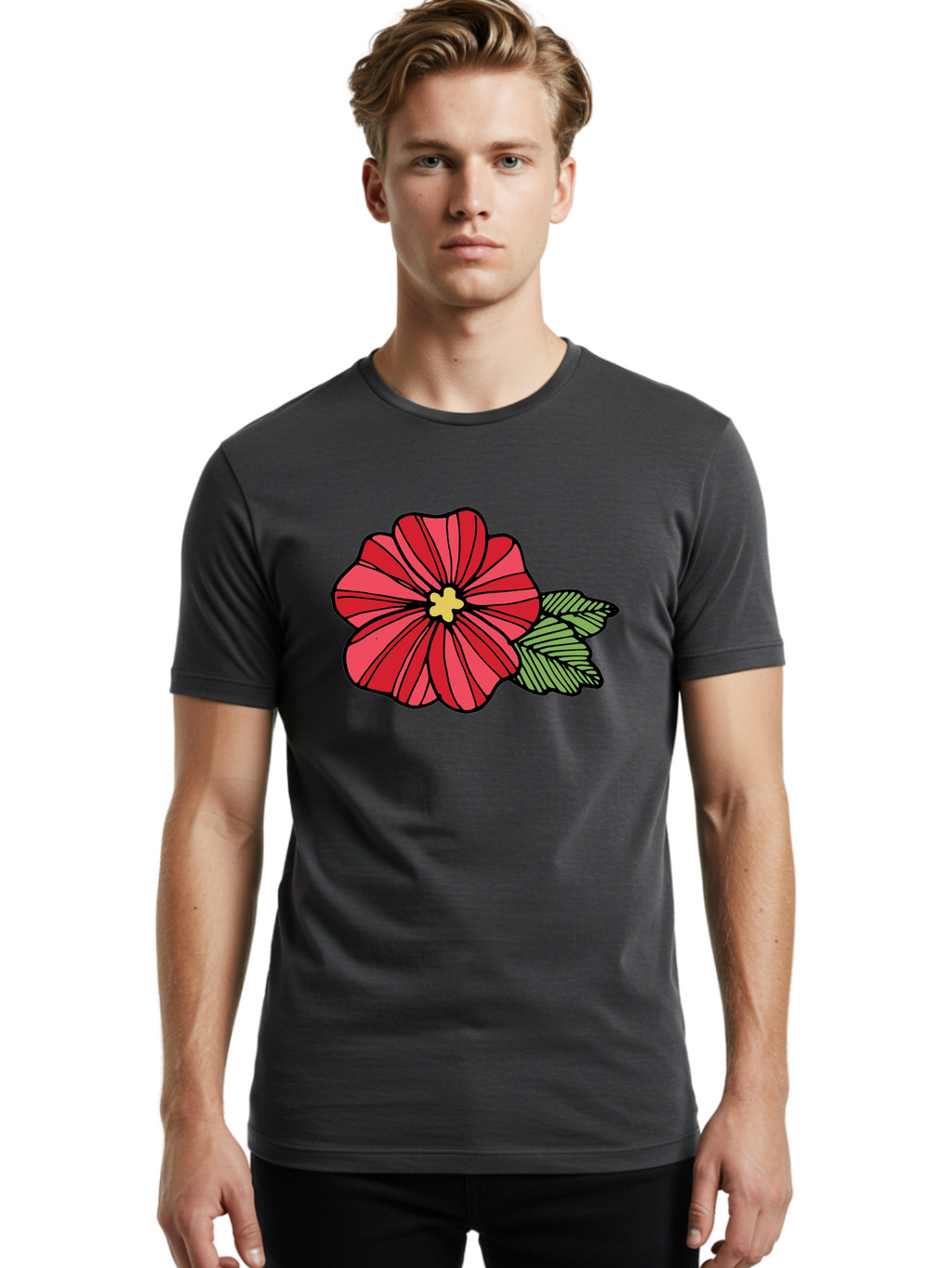 Red-Flower Men'S Graphic Tee, 100% Cotton, Comfortable Casual Summer Wear, Machine Washable, Red Flower, Yellow Center, Green Leaves, Floral Design, Vibrant Petals, Simple Illustration, Cartoon Style, Botanical Art Aab080