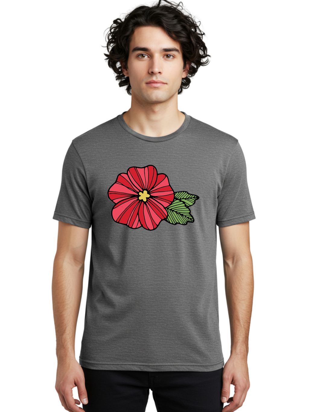Red-Flower Men'S Graphic Tee, 100% Cotton, Comfortable Casual Summer Wear, Machine Washable, Red Flower, Yellow Center, Green Leaves, Floral Design, Vibrant Petals, Simple Illustration, Cartoon Style, Botanical Art Aab080