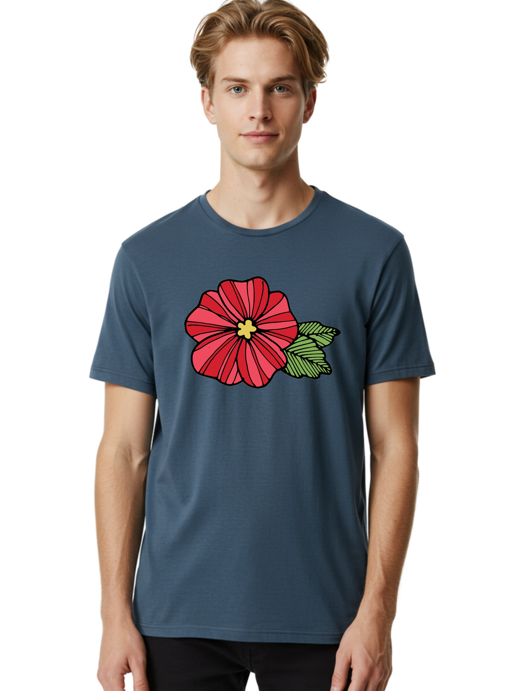 Red-Flower Men'S Graphic Tee, 100% Cotton, Comfortable Casual Summer Wear, Machine Washable, Red Flower, Yellow Center, Green Leaves, Floral Design, Vibrant Petals, Simple Illustration, Cartoon Style, Botanical Art Aab080