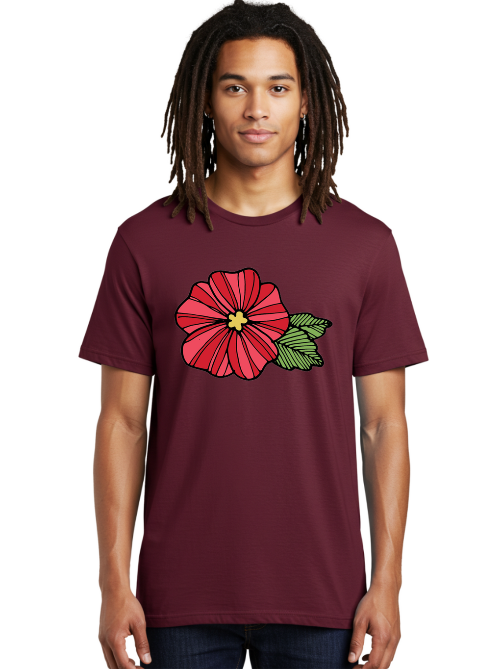 Red-Flower Men'S Graphic Tee, 100% Cotton, Comfortable Casual Summer Wear, Machine Washable, Red Flower, Yellow Center, Green Leaves, Floral Design, Vibrant Petals, Simple Illustration, Cartoon Style, Botanical Art Aab080