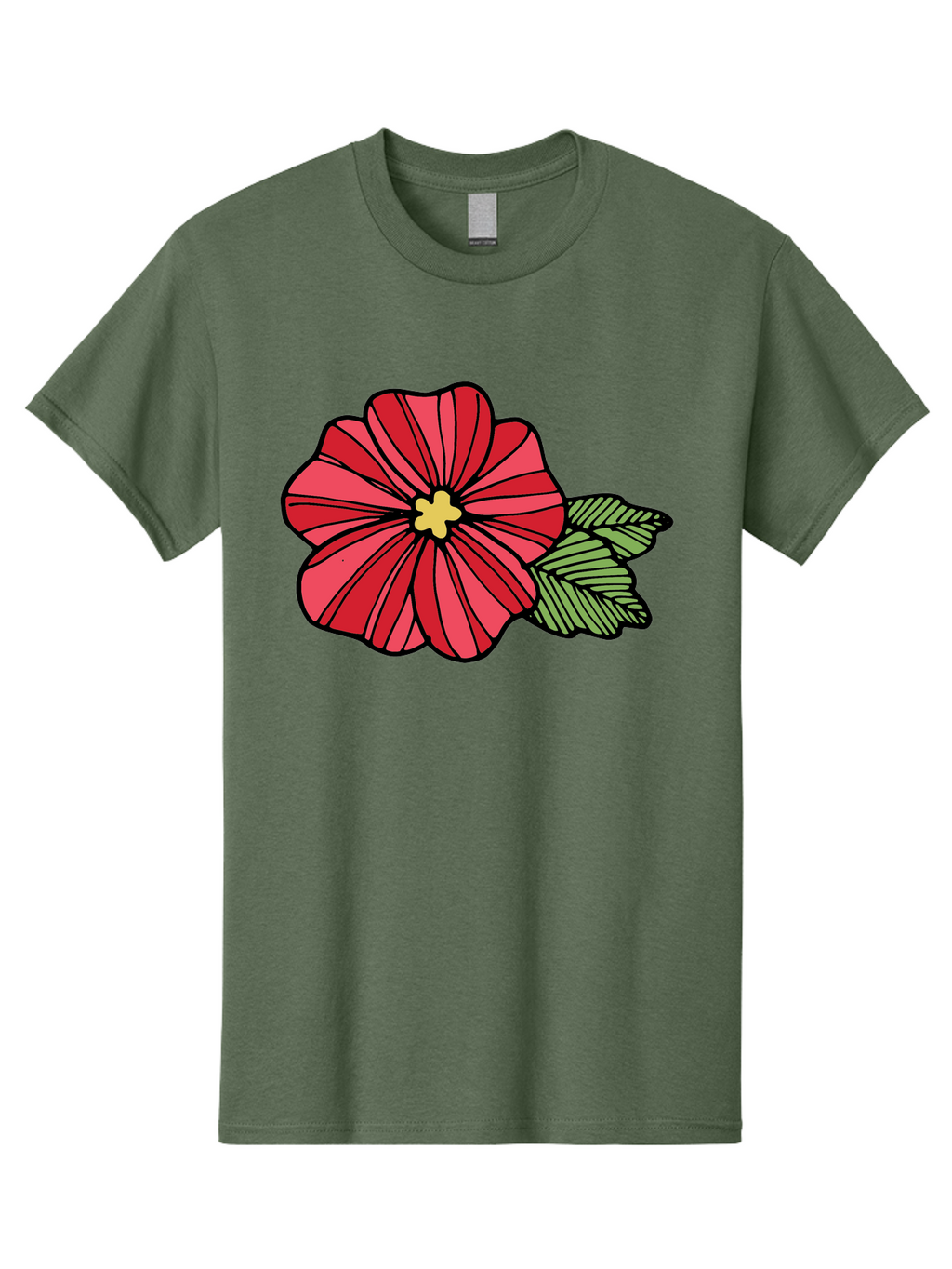 Red-Flower Men'S Graphic Tee, 100% Cotton, Comfortable Casual Summer Wear, Machine Washable, Red Flower, Yellow Center, Green Leaves, Floral Design, Vibrant Petals, Simple Illustration, Cartoon Style, Botanical Art Aab080