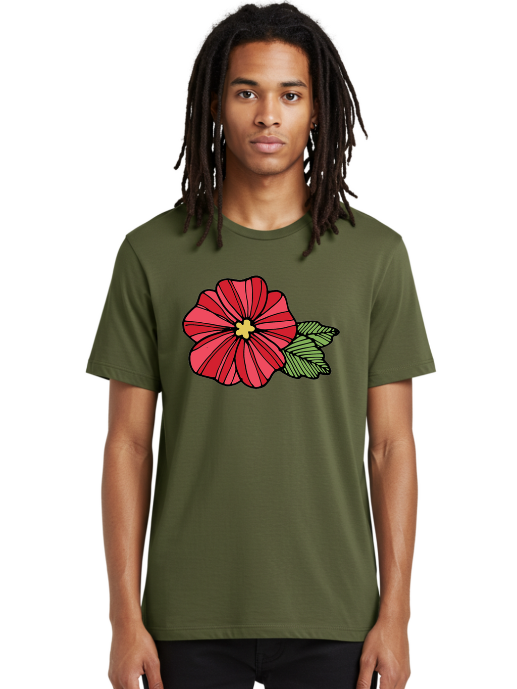 Red-Flower Men'S Graphic Tee, 100% Cotton, Comfortable Casual Summer Wear, Machine Washable, Red Flower, Yellow Center, Green Leaves, Floral Design, Vibrant Petals, Simple Illustration, Cartoon Style, Botanical Art Aab080