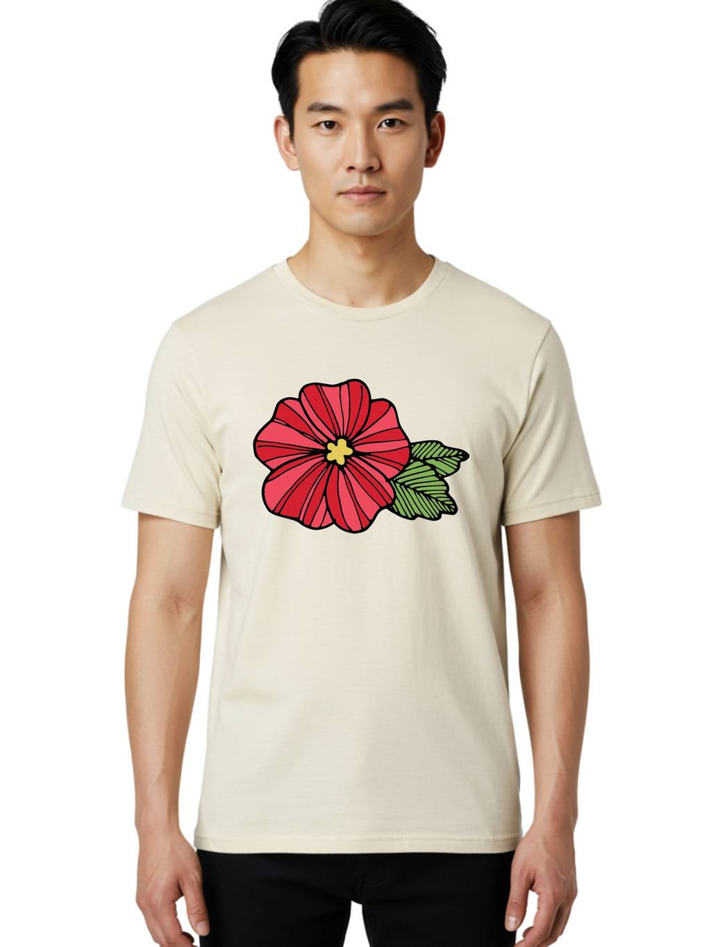 Red-Flower Men'S Graphic Tee, 100% Cotton, Comfortable Casual Summer Wear, Machine Washable, Red Flower, Yellow Center, Green Leaves, Floral Design, Vibrant Petals, Simple Illustration, Cartoon Style, Botanical Art Aab080