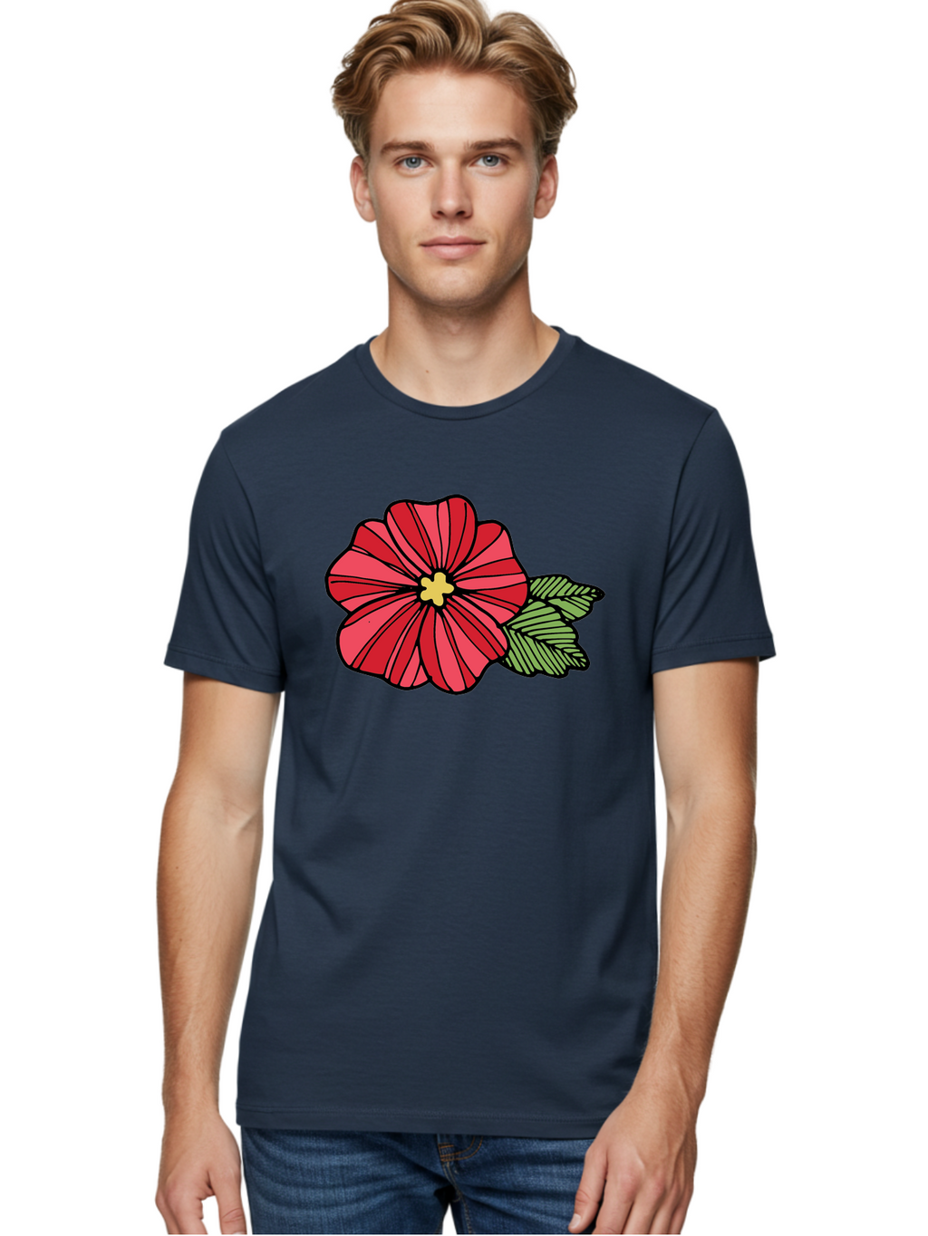 Red-Flower Men'S Graphic Tee, 100% Cotton, Comfortable Casual Summer Wear, Machine Washable, Red Flower, Yellow Center, Green Leaves, Floral Design, Vibrant Petals, Simple Illustration, Cartoon Style, Botanical Art Aab080