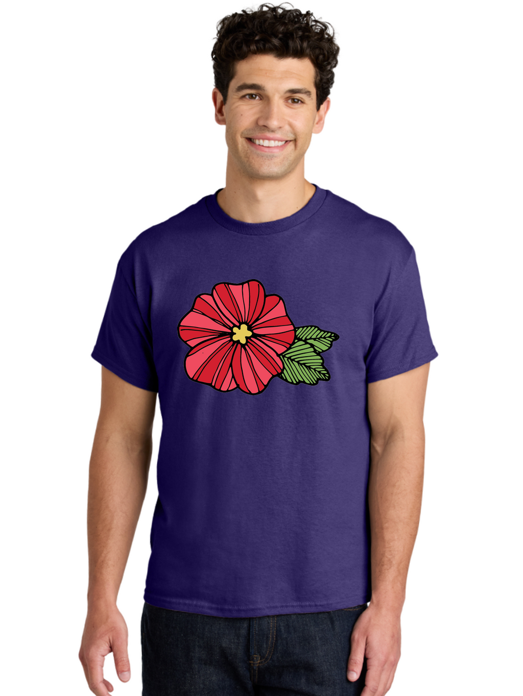 Red-Flower Men'S Graphic Tee, 100% Cotton, Comfortable Casual Summer Wear, Machine Washable, Red Flower, Yellow Center, Green Leaves, Floral Design, Vibrant Petals, Simple Illustration, Cartoon Style, Botanical Art Aab080