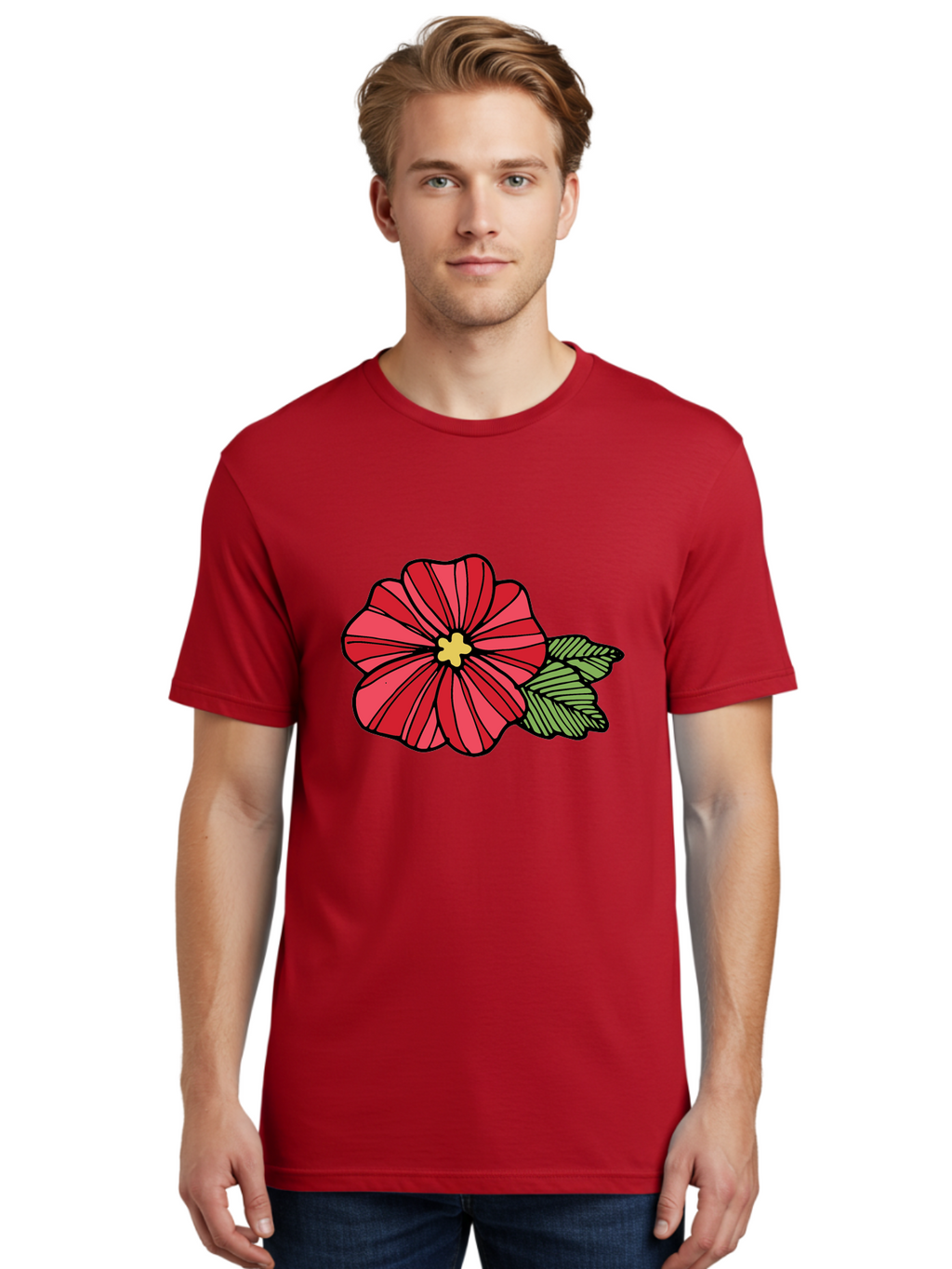 Red-Flower Men'S Graphic Tee, 100% Cotton, Comfortable Casual Summer Wear, Machine Washable, Red Flower, Yellow Center, Green Leaves, Floral Design, Vibrant Petals, Simple Illustration, Cartoon Style, Botanical Art Aab080