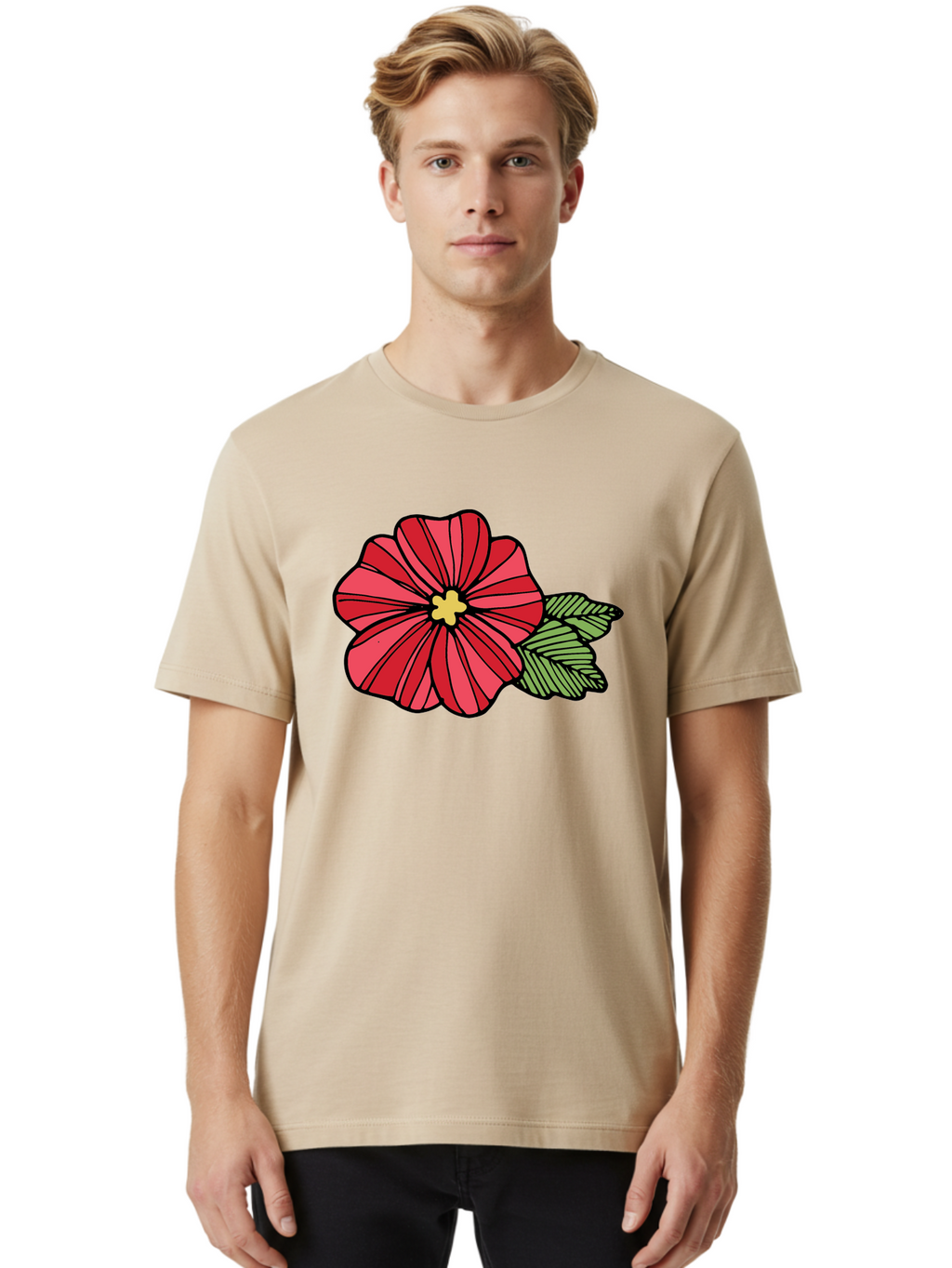Red-Flower Men'S Graphic Tee, 100% Cotton, Comfortable Casual Summer Wear, Machine Washable, Red Flower, Yellow Center, Green Leaves, Floral Design, Vibrant Petals, Simple Illustration, Cartoon Style, Botanical Art Aab080
