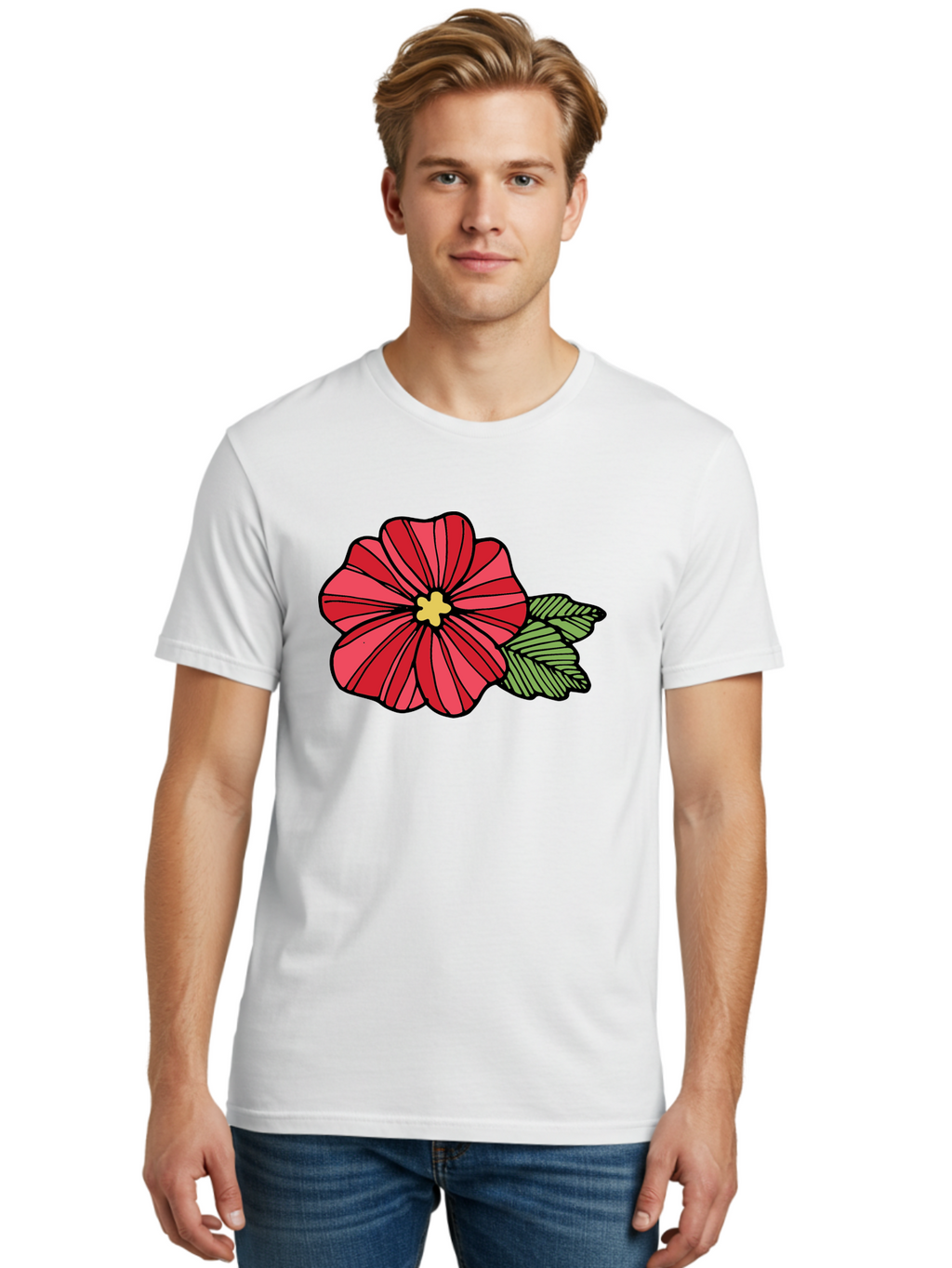 Red-Flower Men'S Graphic Tee, 100% Cotton, Comfortable Casual Summer Wear, Machine Washable, Red Flower, Yellow Center, Green Leaves, Floral Design, Vibrant Petals, Simple Illustration, Cartoon Style, Botanical Art Aab080