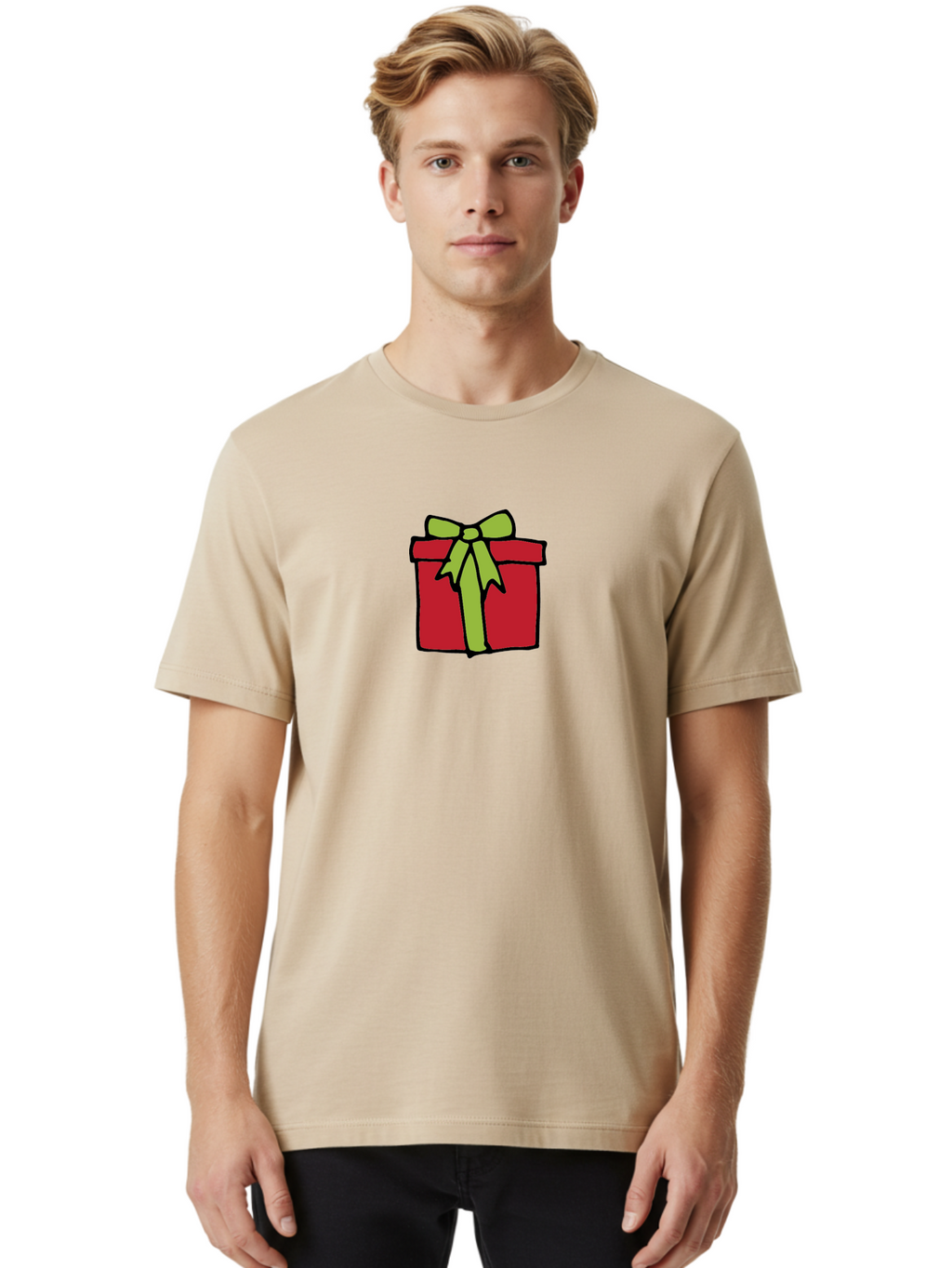 Red-Gift-Box-1 Men'S Graphic Tee, 100% Cotton, Comfortable Casual Summer Wear, Machine Washable, Red Gift Box, Green Ribbon, Present, Gift, Holiday Season, Festive, Celebration, Birthday, Wrapped Gift, Cartoon Style Aab081