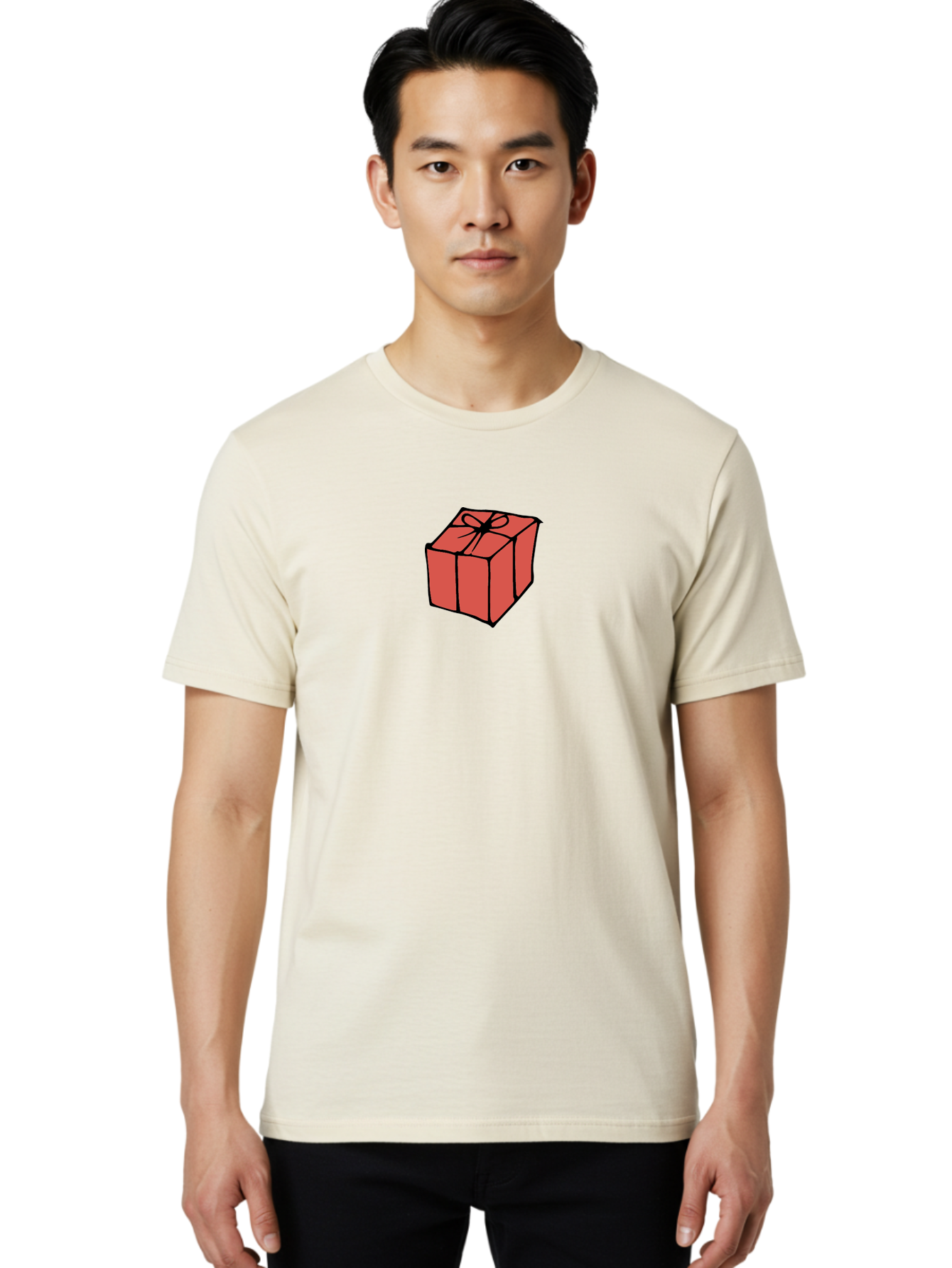 Red-Gift-Box Men'S Graphic Tee, 100% Cotton, Comfortable Casual Summer Wear, Machine Washable, Red Gift Box, Ribbon, Present, Wrapped Gift, Black Outline, Birthday Gift, Christmas Present, Festive Wrapping, Gift Idea Aab082