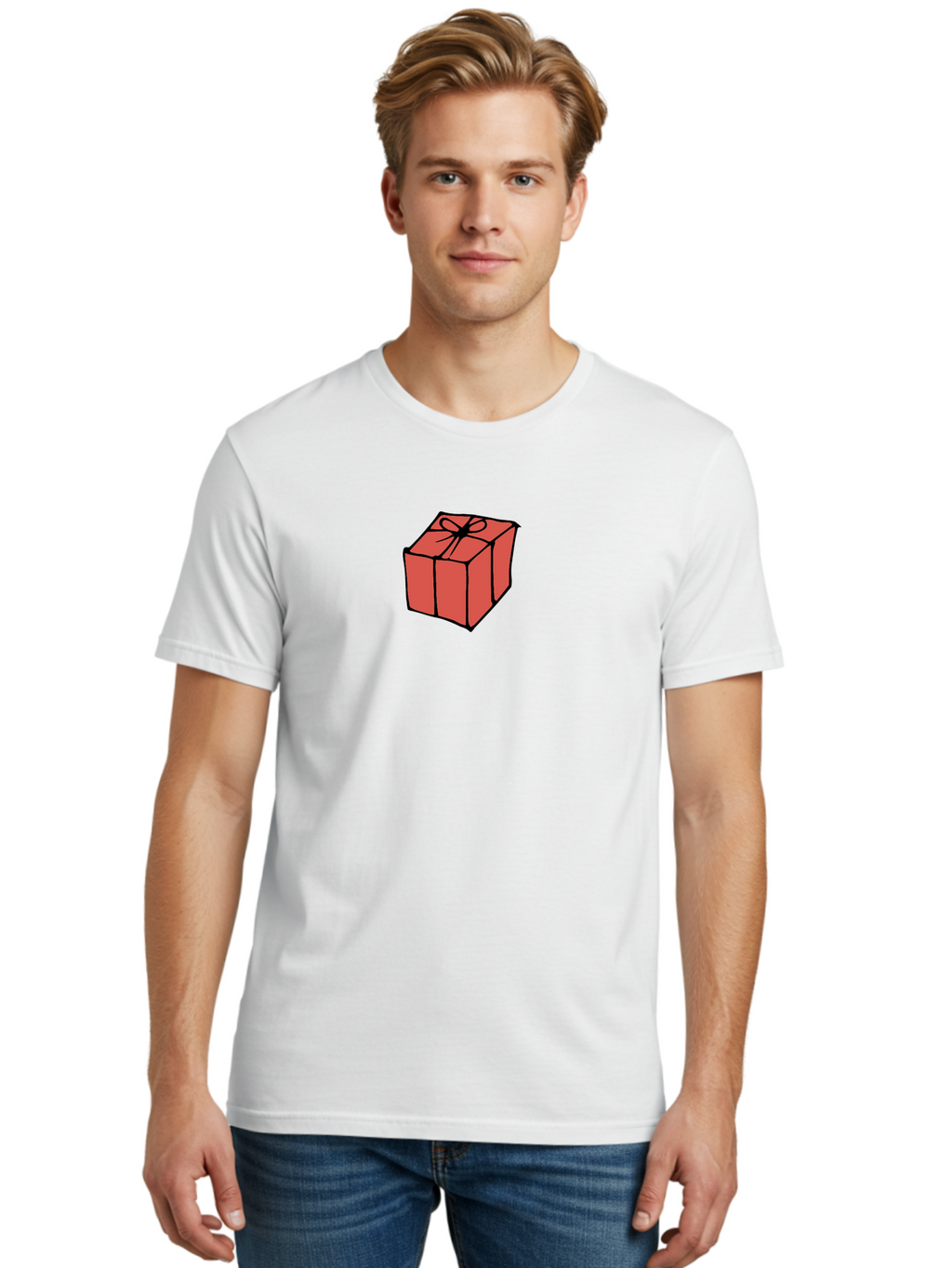 Red-Gift-Box Men'S Graphic Tee, 100% Cotton, Comfortable Casual Summer Wear, Machine Washable, Red Gift Box, Ribbon, Present, Wrapped Gift, Black Outline, Birthday Gift, Christmas Present, Festive Wrapping, Gift Idea Aab082