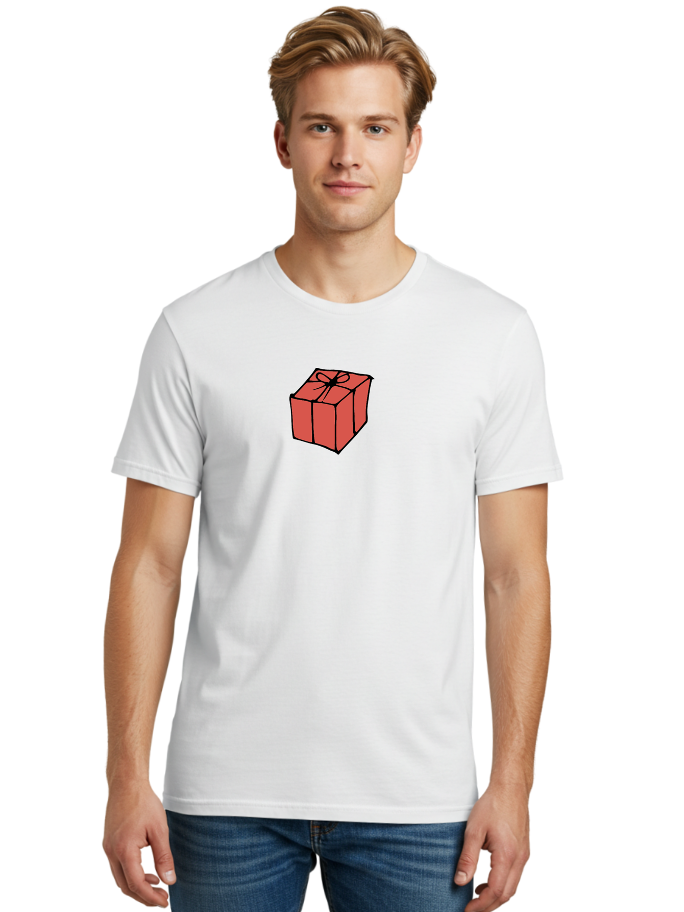 Red-Gift-Box Men'S Graphic Tee, 100% Cotton, Comfortable Casual Summer Wear, Machine Washable, Red Gift Box, Ribbon, Present, Wrapped Gift, Black Outline, Birthday Gift, Christmas Present, Festive Wrapping, Gift Idea Aab082