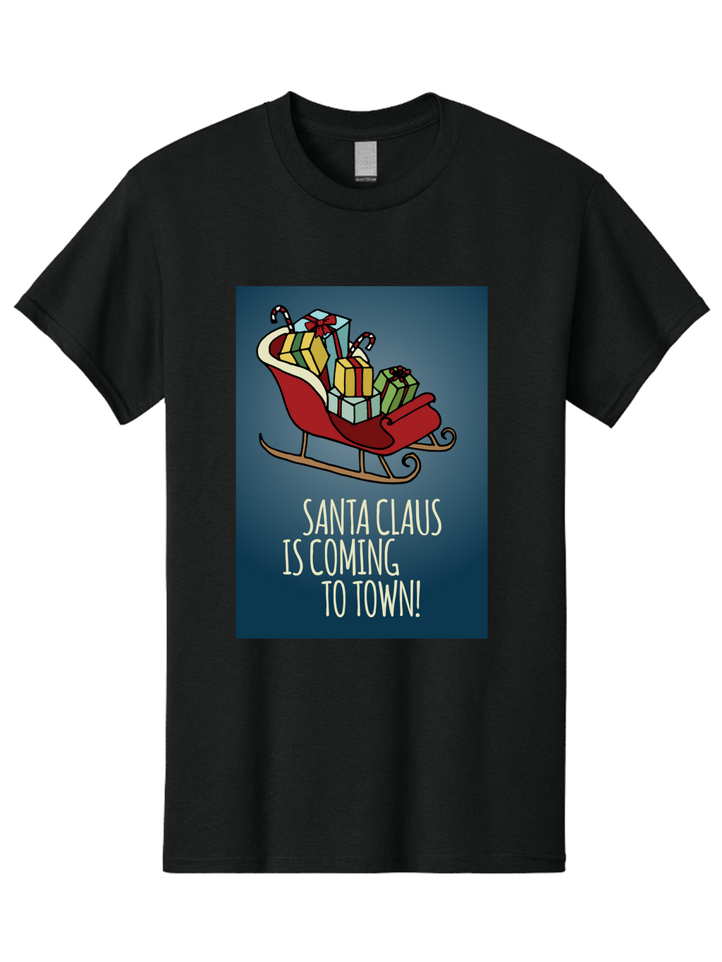 Santa-Claus-Is-Coming-To-Town Men'S Graphic Tee, 100% Cotton, Comfortable Casual Summer Wear, Machine Washable, Santa Claus, Christmas Gifts, Holiday Season, Festive Sleigh, Candy Canes, Wrapped Presents, Christmas Magic, Joyful Atmosphere, Aab093