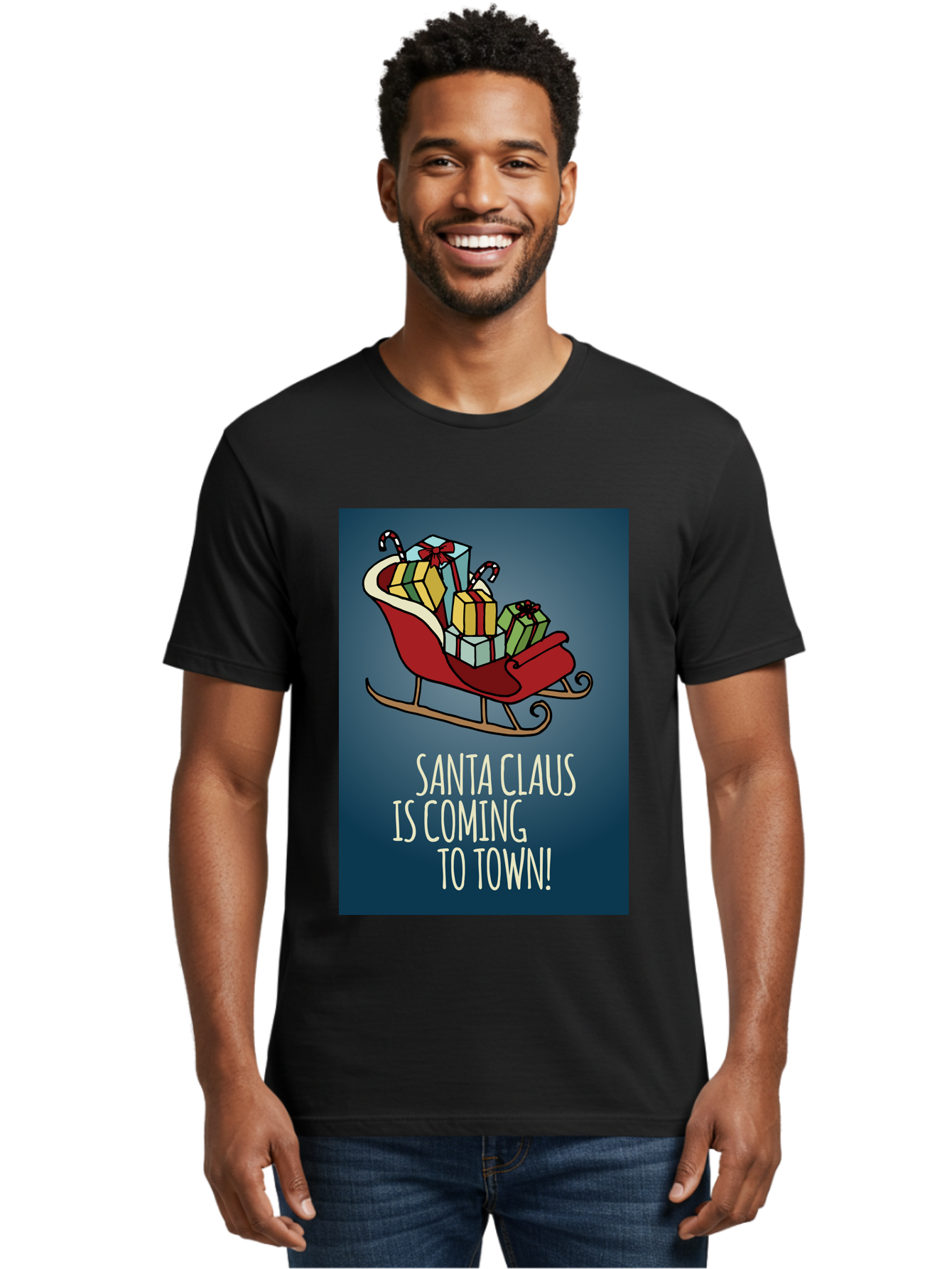 Santa-Claus-Is-Coming-To-Town Men'S Graphic Tee, 100% Cotton, Comfortable Casual Summer Wear, Machine Washable, Santa Claus, Christmas Gifts, Holiday Season, Festive Sleigh, Candy Canes, Wrapped Presents, Christmas Magic, Joyful Atmosphere, Aab093