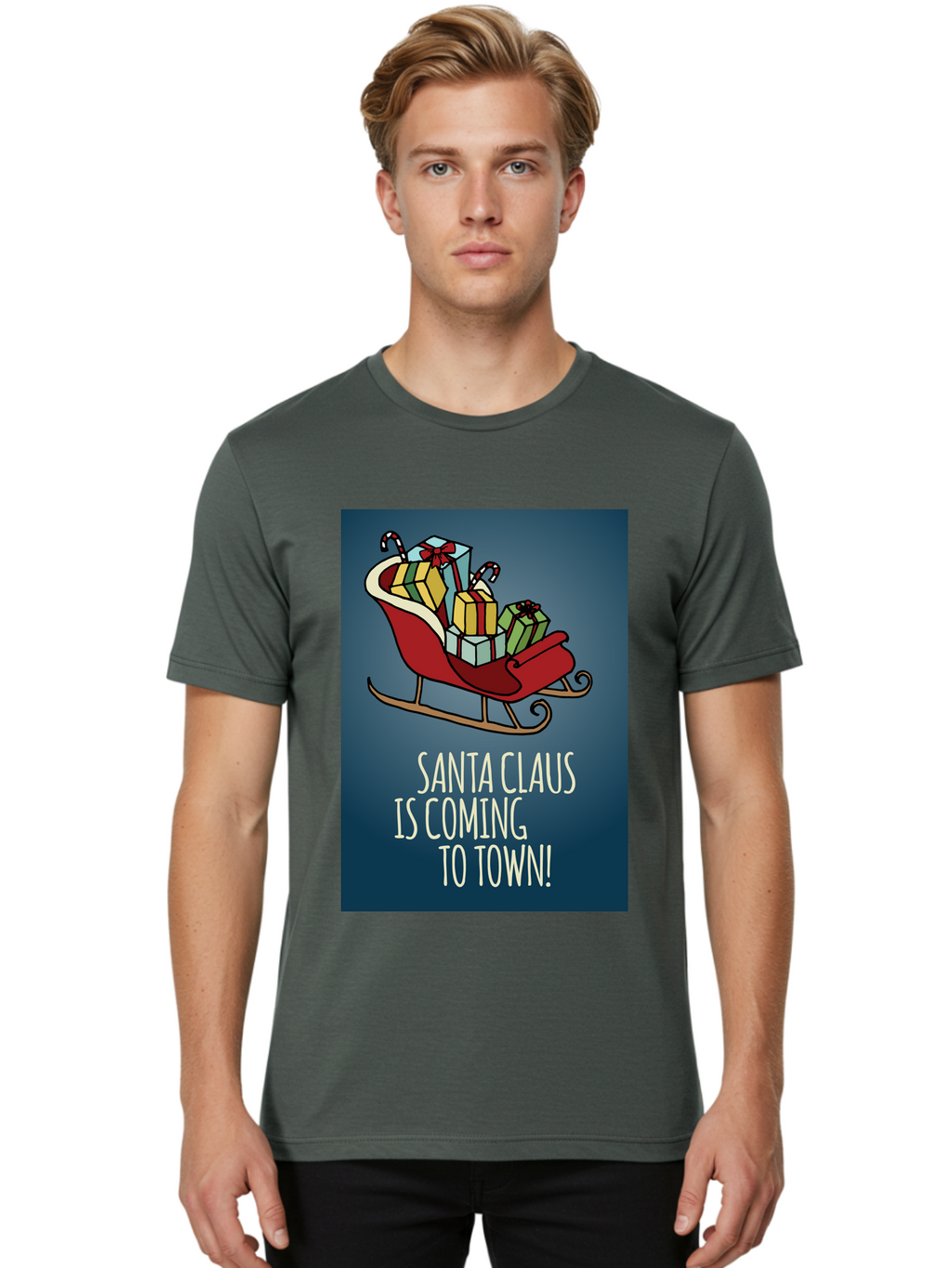 Santa-Claus-Is-Coming-To-Town Men'S Graphic Tee, 100% Cotton, Comfortable Casual Summer Wear, Machine Washable, Santa Claus, Christmas Gifts, Holiday Season, Festive Sleigh, Candy Canes, Wrapped Presents, Christmas Magic, Joyful Atmosphere, Aab093