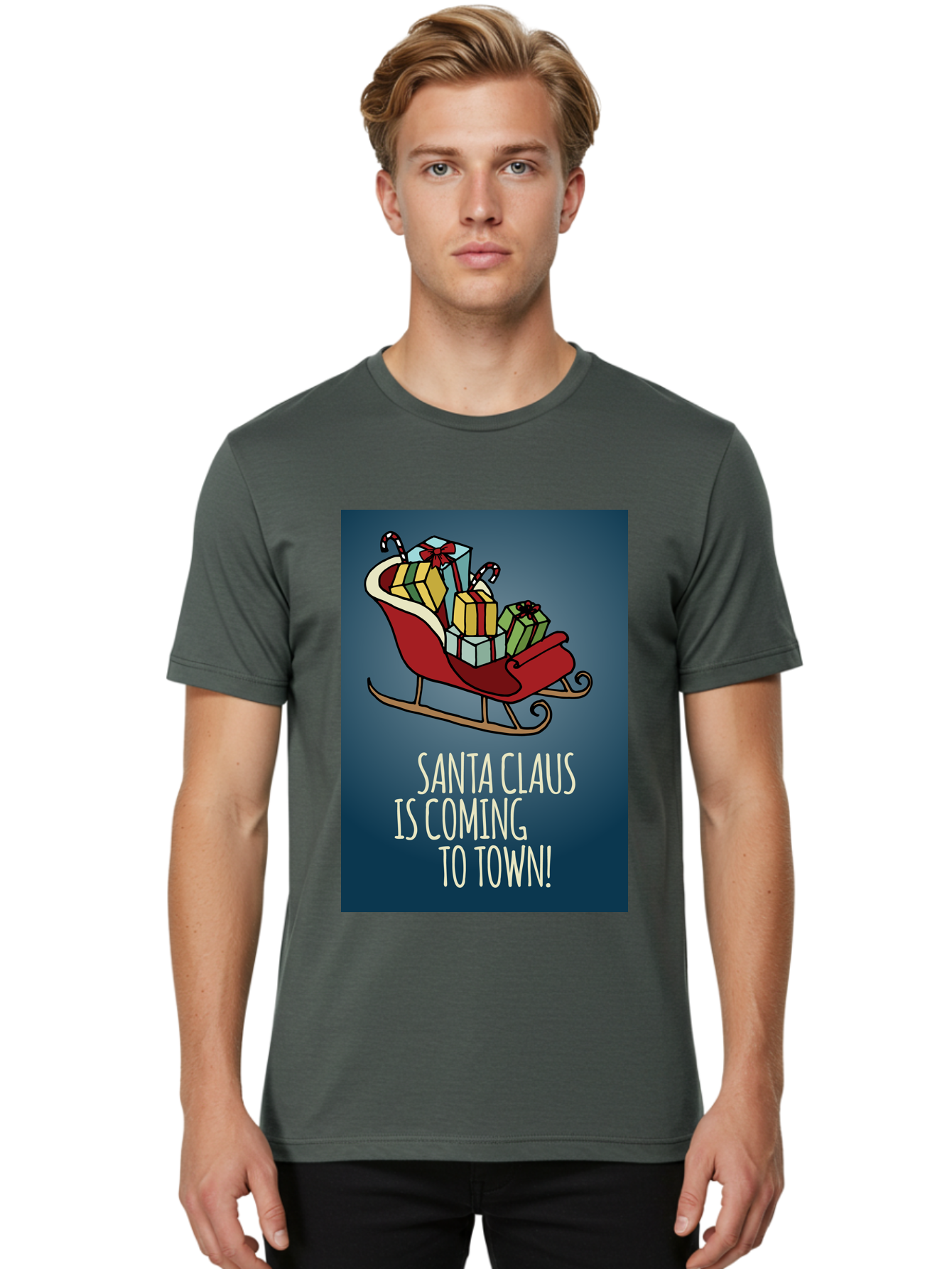 Santa-Claus-Is-Coming-To-Town Men'S Graphic Tee, 100% Cotton, Comfortable Casual Summer Wear, Machine Washable, Santa Claus, Christmas Gifts, Holiday Season, Festive Sleigh, Candy Canes, Wrapped Presents, Christmas Magic, Joyful Atmosphere, Aab093