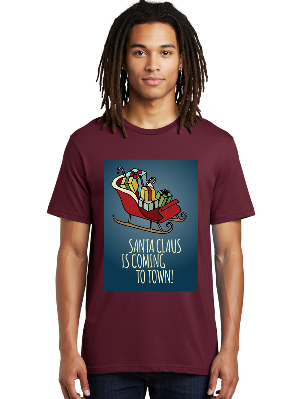 Santa-Claus-Is-Coming-To-Town Men'S Graphic Tee, 100% Cotton, Comfortable Casual Summer Wear, Machine Washable, Santa Claus, Christmas Gifts, Holiday Season, Festive Sleigh, Candy Canes, Wrapped Presents, Christmas Magic, Joyful Atmosphere, Aab093