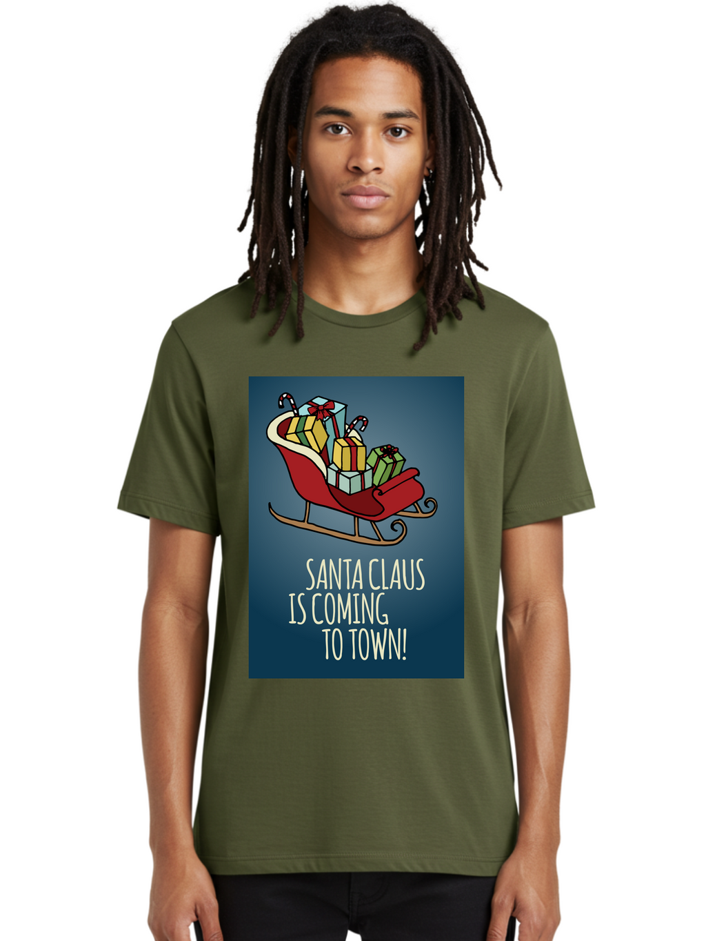 Santa-Claus-Is-Coming-To-Town Men'S Graphic Tee, 100% Cotton, Comfortable Casual Summer Wear, Machine Washable, Santa Claus, Christmas Gifts, Holiday Season, Festive Sleigh, Candy Canes, Wrapped Presents, Christmas Magic, Joyful Atmosphere, Aab093