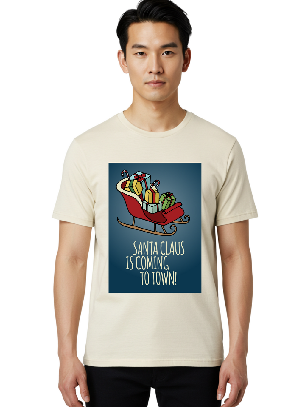 Santa-Claus-Is-Coming-To-Town Men'S Graphic Tee, 100% Cotton, Comfortable Casual Summer Wear, Machine Washable, Santa Claus, Christmas Gifts, Holiday Season, Festive Sleigh, Candy Canes, Wrapped Presents, Christmas Magic, Joyful Atmosphere, Aab093