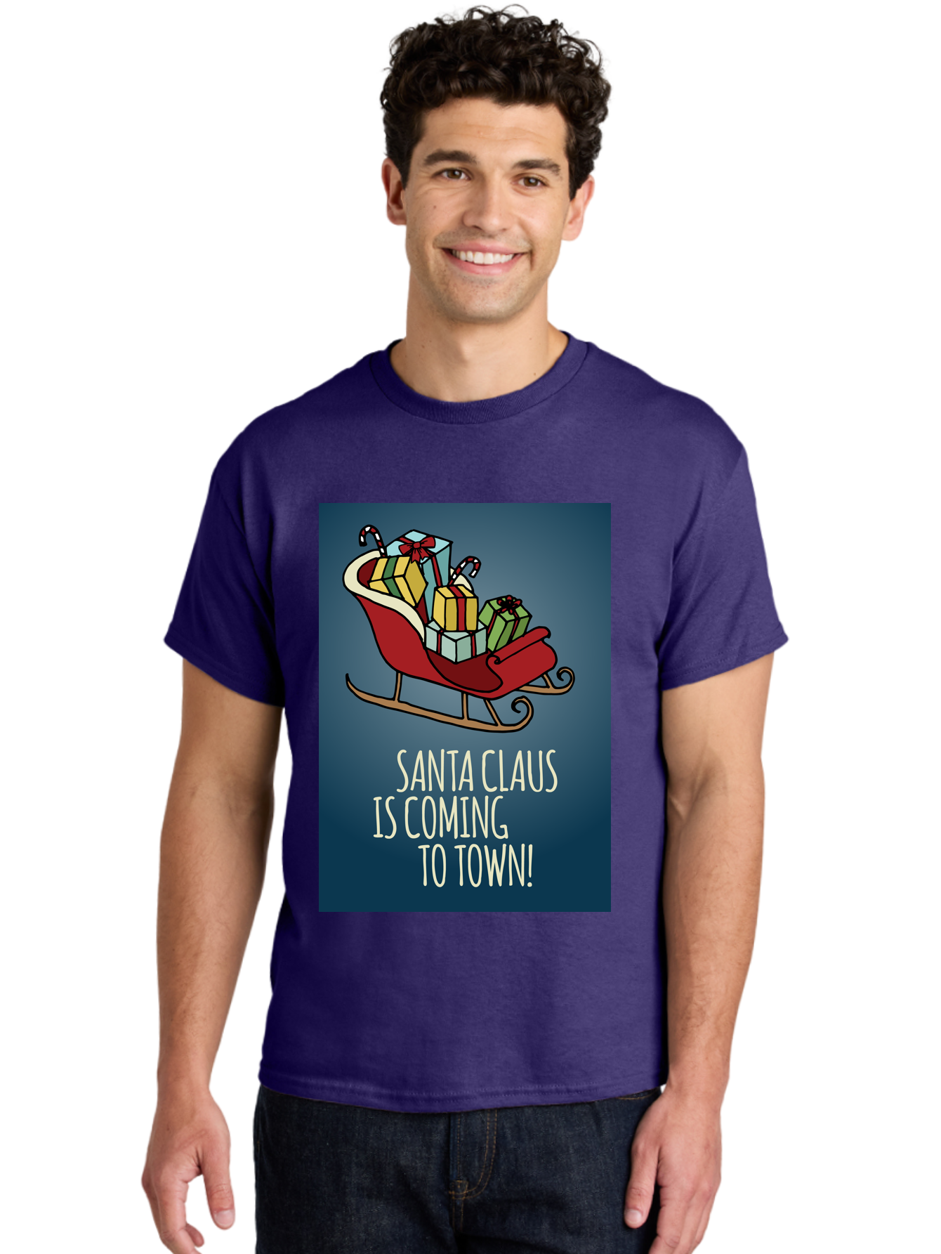 Santa-Claus-Is-Coming-To-Town Men'S Graphic Tee, 100% Cotton, Comfortable Casual Summer Wear, Machine Washable, Santa Claus, Christmas Gifts, Holiday Season, Festive Sleigh, Candy Canes, Wrapped Presents, Christmas Magic, Joyful Atmosphere, Aab093