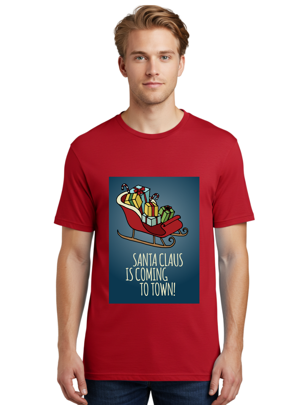 Santa-Claus-Is-Coming-To-Town Men'S Graphic Tee, 100% Cotton, Comfortable Casual Summer Wear, Machine Washable, Santa Claus, Christmas Gifts, Holiday Season, Festive Sleigh, Candy Canes, Wrapped Presents, Christmas Magic, Joyful Atmosphere, Aab093