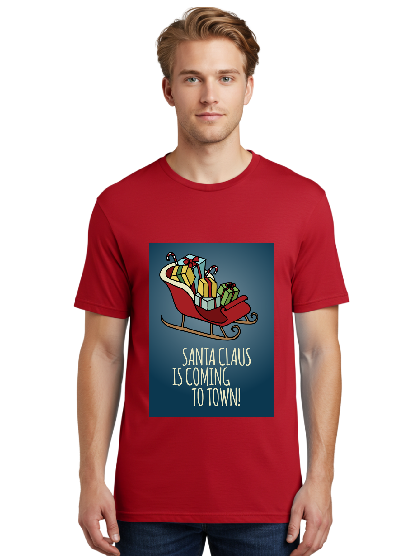 Santa-Claus-Is-Coming-To-Town Men'S Graphic Tee, 100% Cotton, Comfortable Casual Summer Wear, Machine Washable, Santa Claus, Christmas Gifts, Holiday Season, Festive Sleigh, Candy Canes, Wrapped Presents, Christmas Magic, Joyful Atmosphere, Aab093