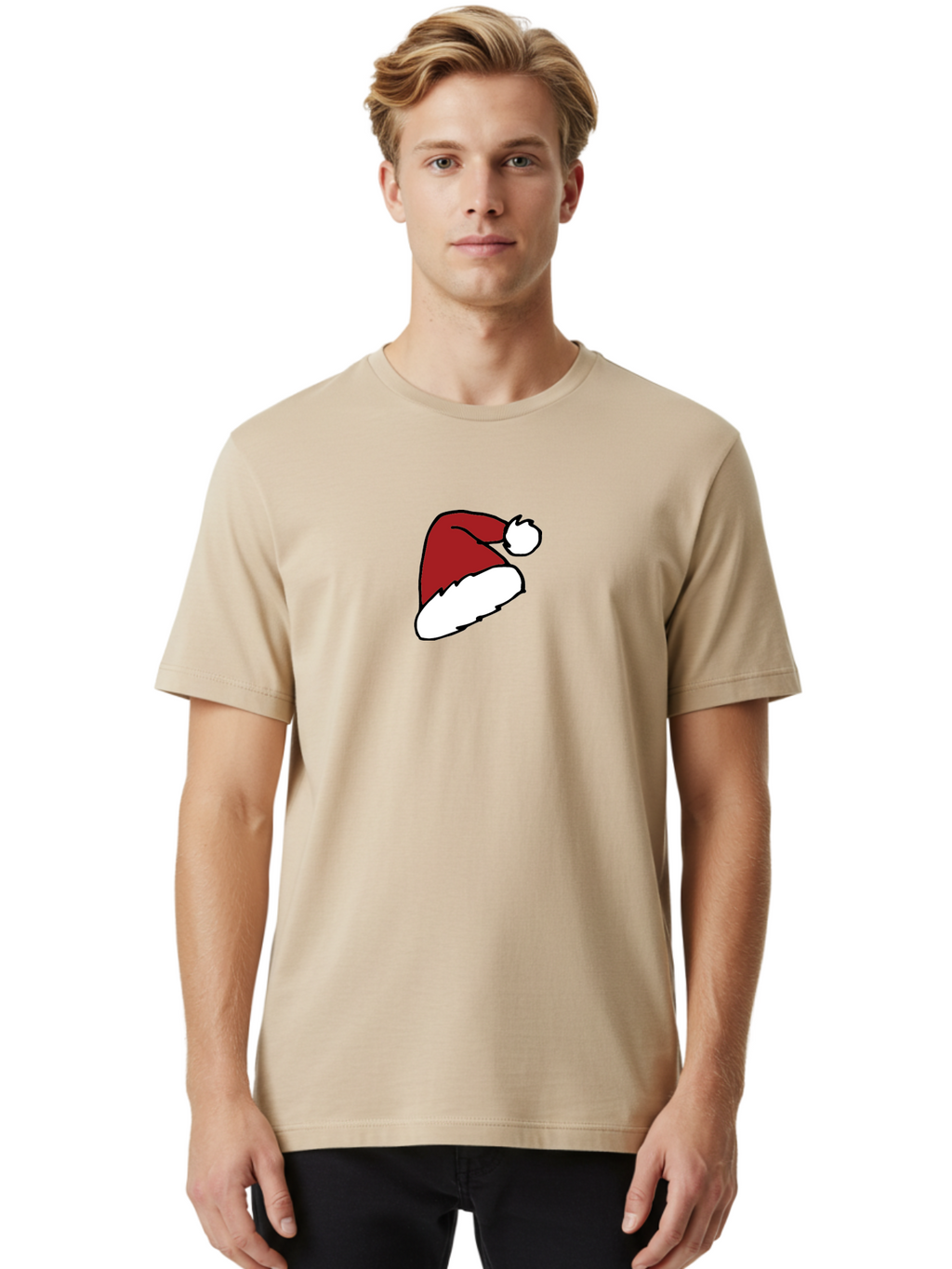 Santa-Hat Men'S Graphic Tee, 100% Cotton, Comfortable Casual Summer Wear, Machine Washable, Red And White Santa Hat, Christmas Accessory, Festive Headwear, Holiday Symbol, Cartoon Illustration, Winter Wear, Seasonal Decoration Aab095