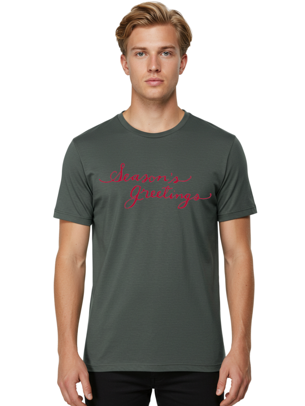 Season-S-Greetings-1 Men'S Graphic Tee, 100% Cotton, Comfortable Casual Summer Wear, Machine Washable, Season'S Greetings, Holiday Message, Festive Greeting, Cursive Text, Christmas Wishes, Holiday Season, Red And Green Color Scheme Aab099