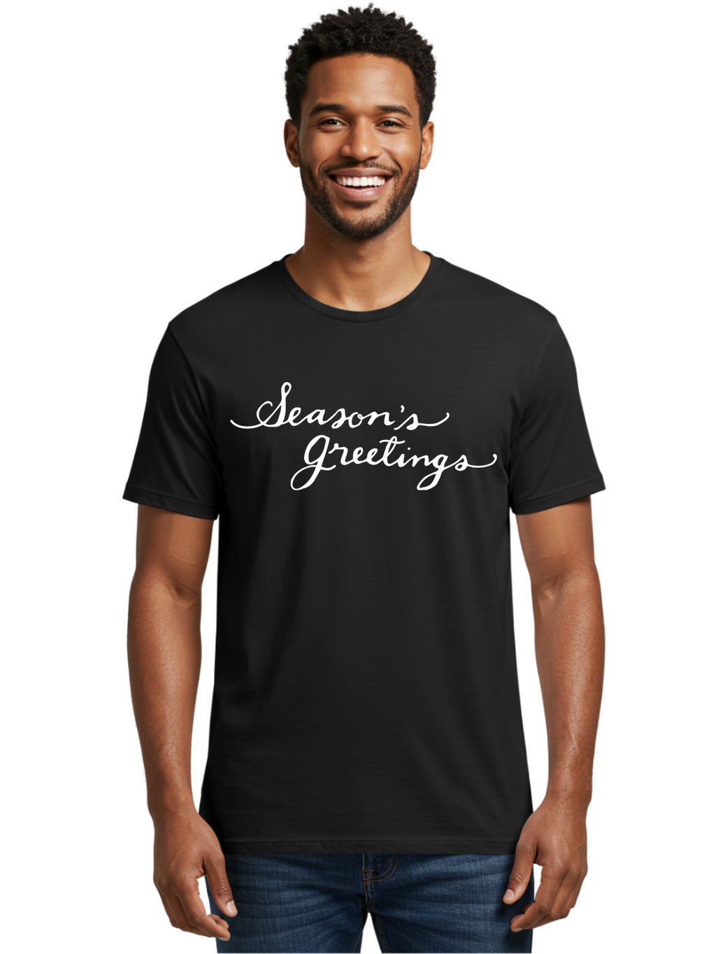 Season-S-Greetings Men'S Graphic Tee, 100% Cotton, Comfortable Casual Summer Wear, Machine Washable, Season'S Greetings, Holiday Message, Festive Greeting, Christmas Wishes, White Cursive Text, Elegant Script, Winter Season Aab100