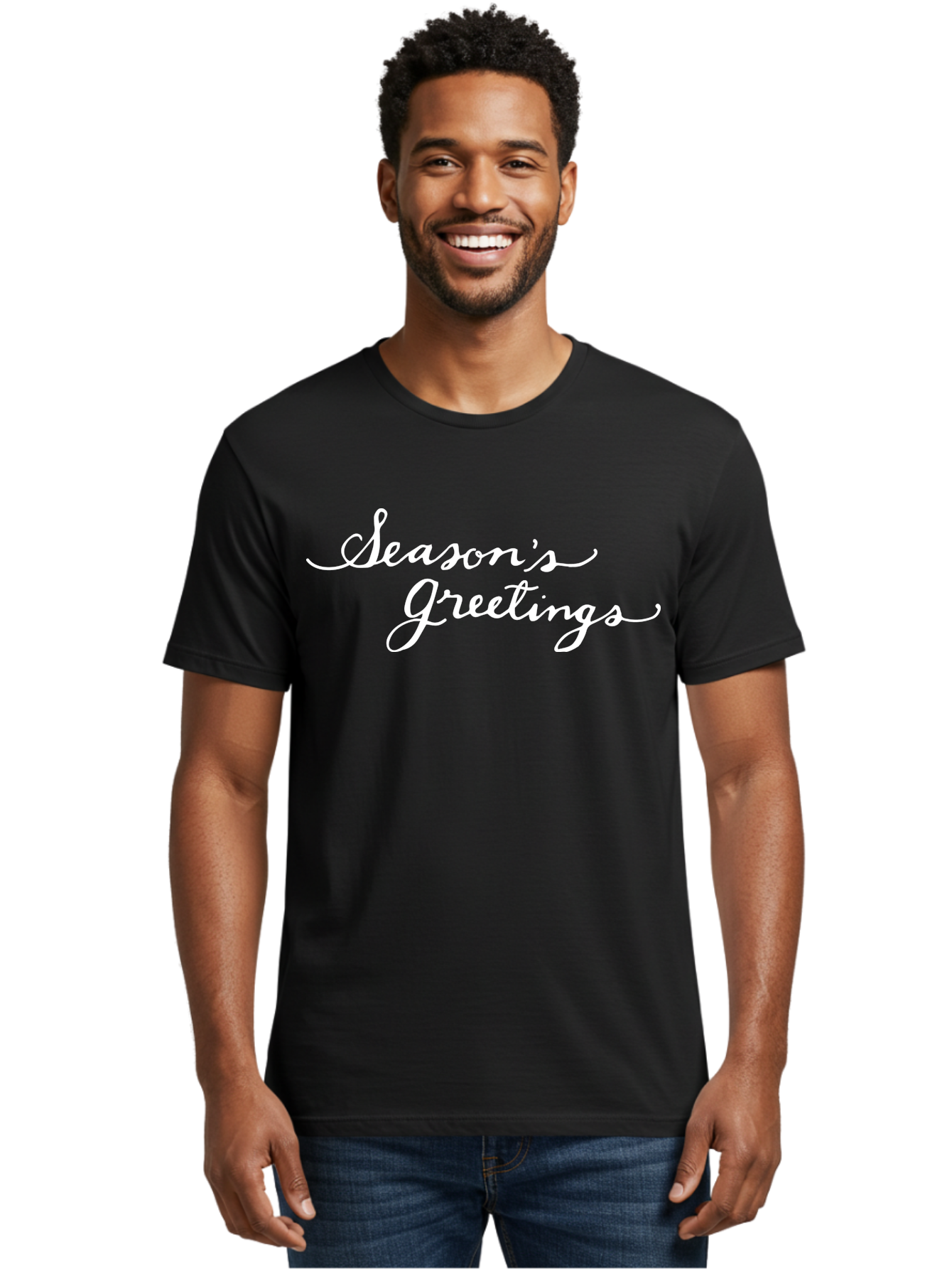 Season-S-Greetings Men'S Graphic Tee, 100% Cotton, Comfortable Casual Summer Wear, Machine Washable, Season'S Greetings, Holiday Message, Festive Greeting, Christmas Wishes, White Cursive Text, Elegant Script, Winter Season Aab100
