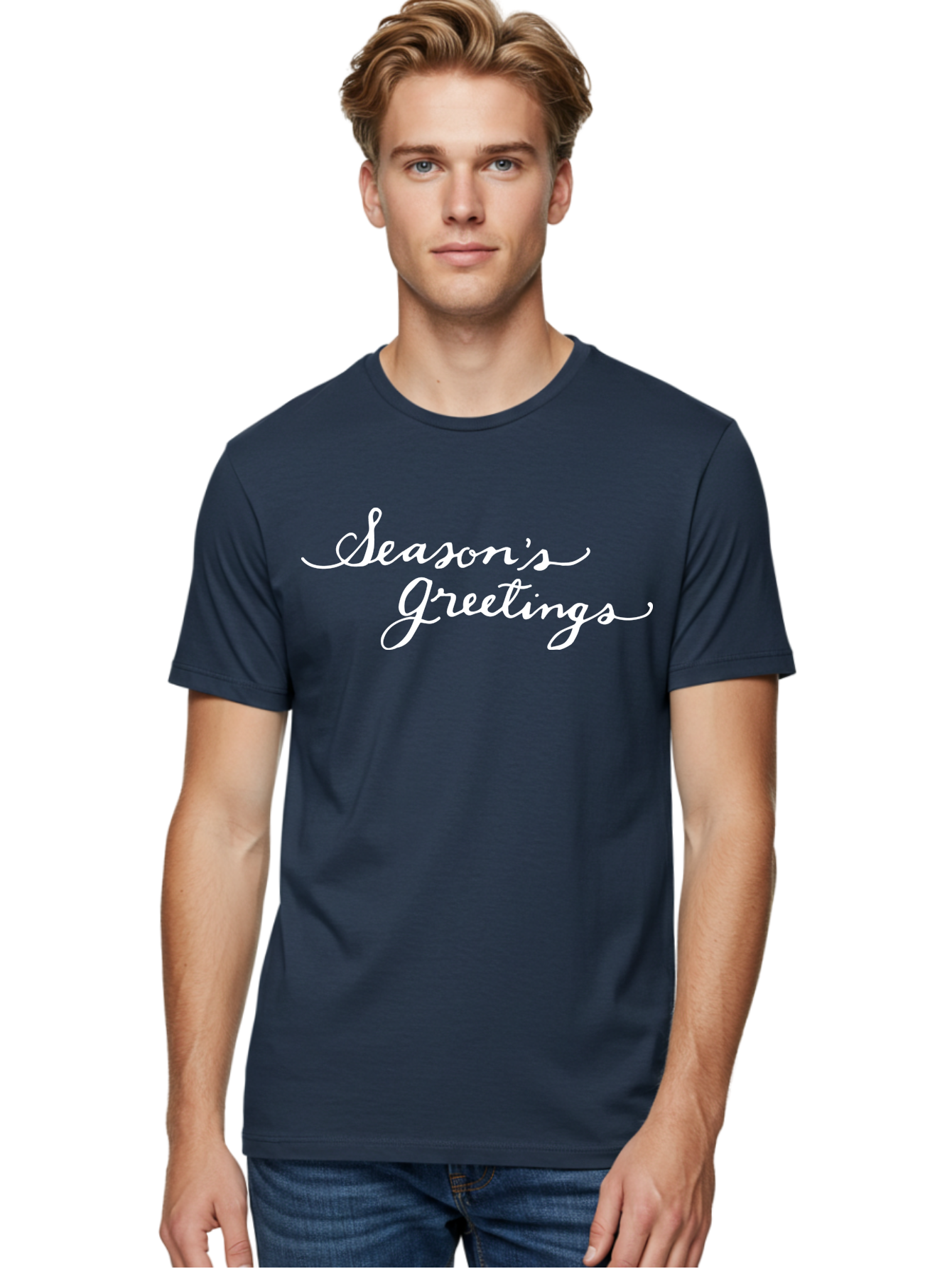 Season-S-Greetings Men'S Graphic Tee, 100% Cotton, Comfortable Casual Summer Wear, Machine Washable, Season'S Greetings, Holiday Message, Festive Greeting, Christmas Wishes, White Cursive Text, Elegant Script, Winter Season Aab100