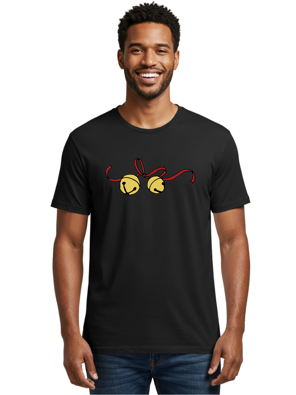 Sleigh-Bells Men'S Graphic Tee, 100% Cotton, Comfortable Casual Summer Wear, Machine Washable, Sleigh Bells, Jingle Bells, Red Ribbon, Festive Decor, Christmas Decorations, Holiday Cheer, Winter Wonderland, Cartoon Illustration, Yellow Bells Aab107