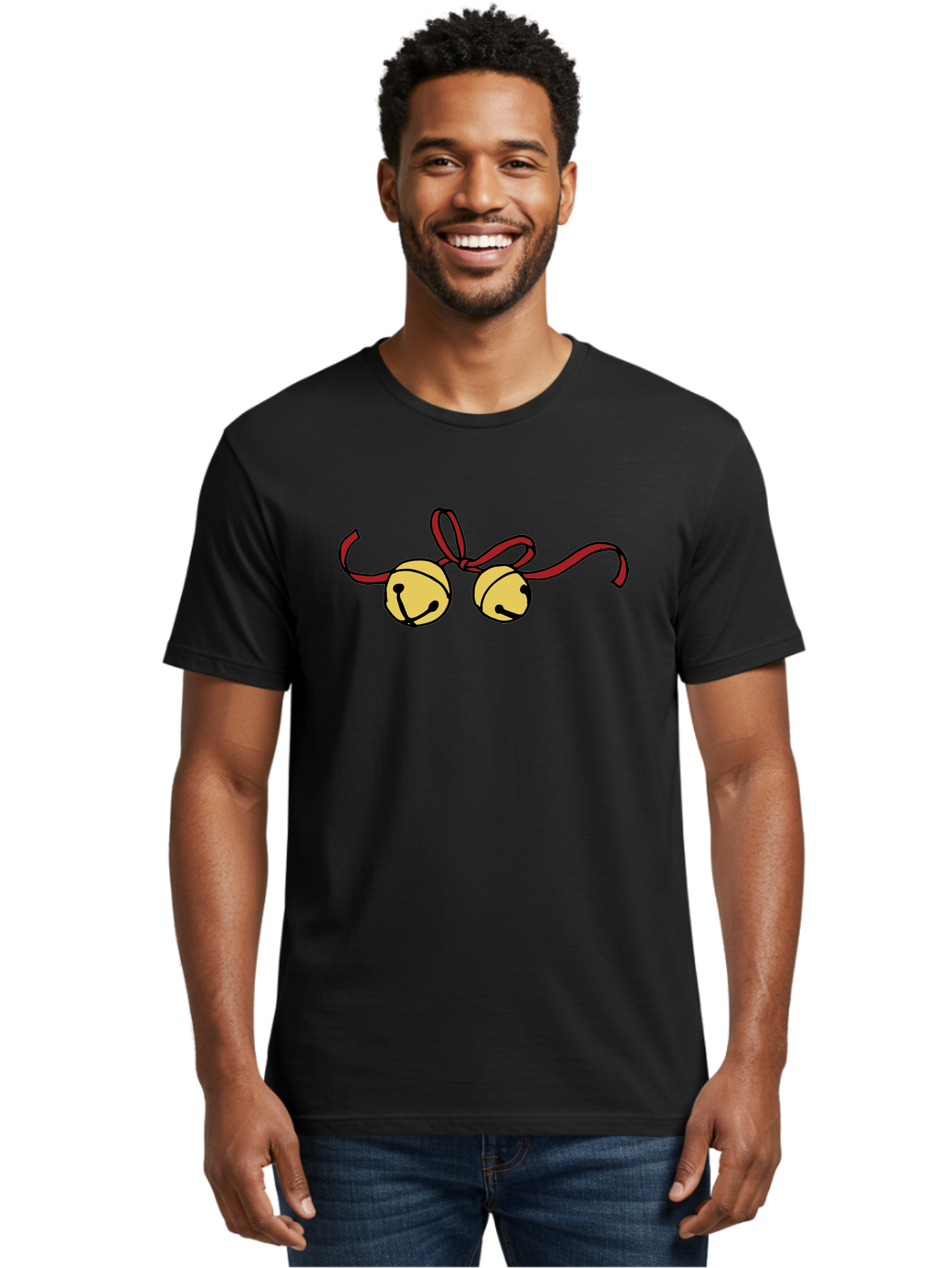 Sleigh-Bells Men'S Graphic Tee, 100% Cotton, Comfortable Casual Summer Wear, Machine Washable, Sleigh Bells, Jingle Bells, Red Ribbon, Festive Decor, Christmas Decorations, Holiday Cheer, Winter Wonderland, Cartoon Illustration, Yellow Bells Aab107