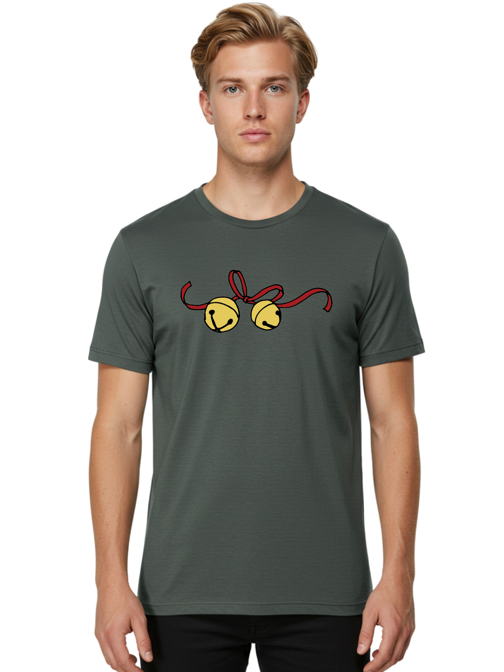Sleigh-Bells Men'S Graphic Tee, 100% Cotton, Comfortable Casual Summer Wear, Machine Washable, Sleigh Bells, Jingle Bells, Red Ribbon, Festive Decor, Christmas Decorations, Holiday Cheer, Winter Wonderland, Cartoon Illustration, Yellow Bells Aab107