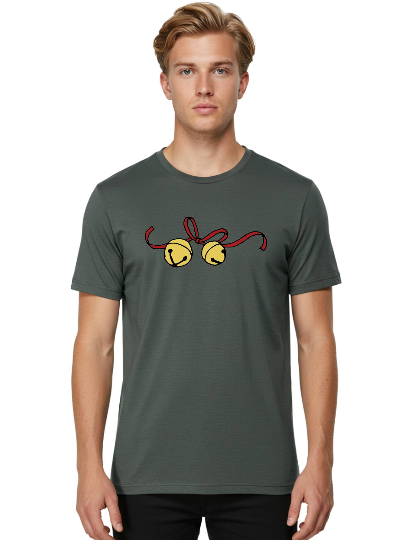 Sleigh-Bells Men'S Graphic Tee, 100% Cotton, Comfortable Casual Summer Wear, Machine Washable, Sleigh Bells, Jingle Bells, Red Ribbon, Festive Decor, Christmas Decorations, Holiday Cheer, Winter Wonderland, Cartoon Illustration, Yellow Bells Aab107