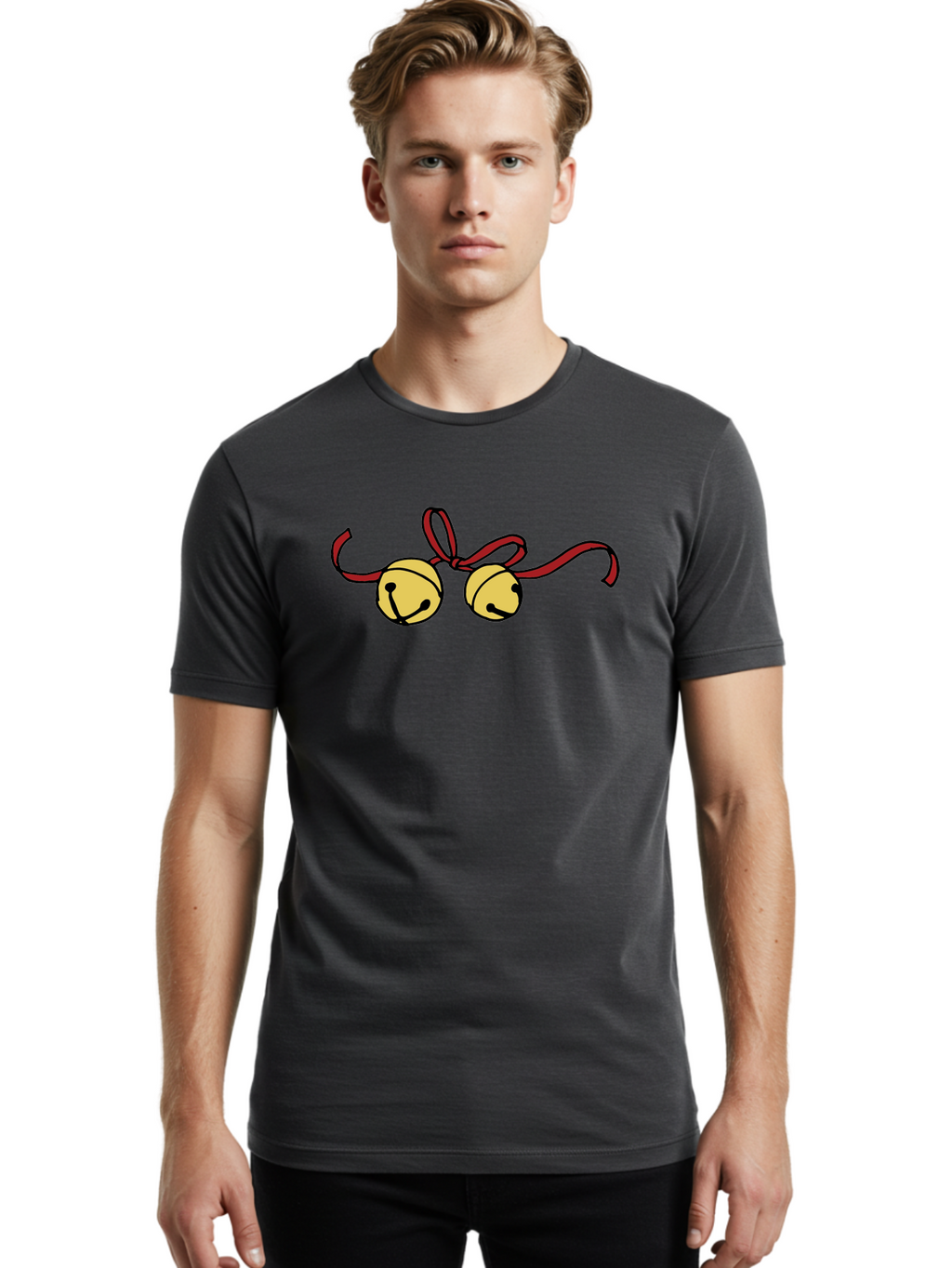 Sleigh-Bells Men'S Graphic Tee, 100% Cotton, Comfortable Casual Summer Wear, Machine Washable, Sleigh Bells, Jingle Bells, Red Ribbon, Festive Decor, Christmas Decorations, Holiday Cheer, Winter Wonderland, Cartoon Illustration, Yellow Bells Aab107