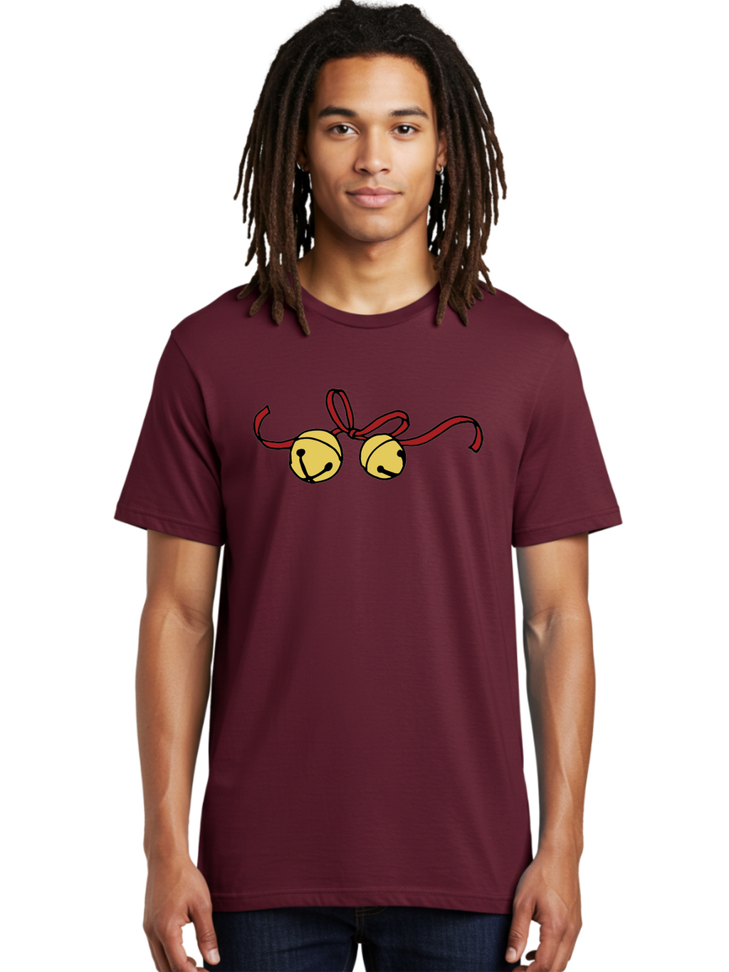 Sleigh-Bells Men'S Graphic Tee, 100% Cotton, Comfortable Casual Summer Wear, Machine Washable, Sleigh Bells, Jingle Bells, Red Ribbon, Festive Decor, Christmas Decorations, Holiday Cheer, Winter Wonderland, Cartoon Illustration, Yellow Bells Aab107