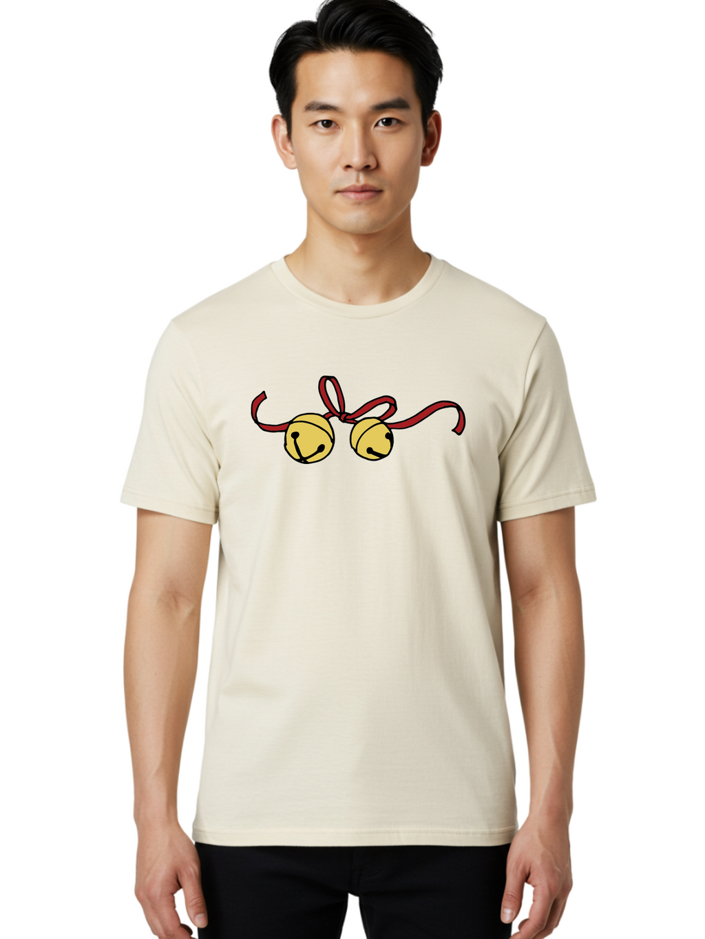Sleigh-Bells Men'S Graphic Tee, 100% Cotton, Comfortable Casual Summer Wear, Machine Washable, Sleigh Bells, Jingle Bells, Red Ribbon, Festive Decor, Christmas Decorations, Holiday Cheer, Winter Wonderland, Cartoon Illustration, Yellow Bells Aab107