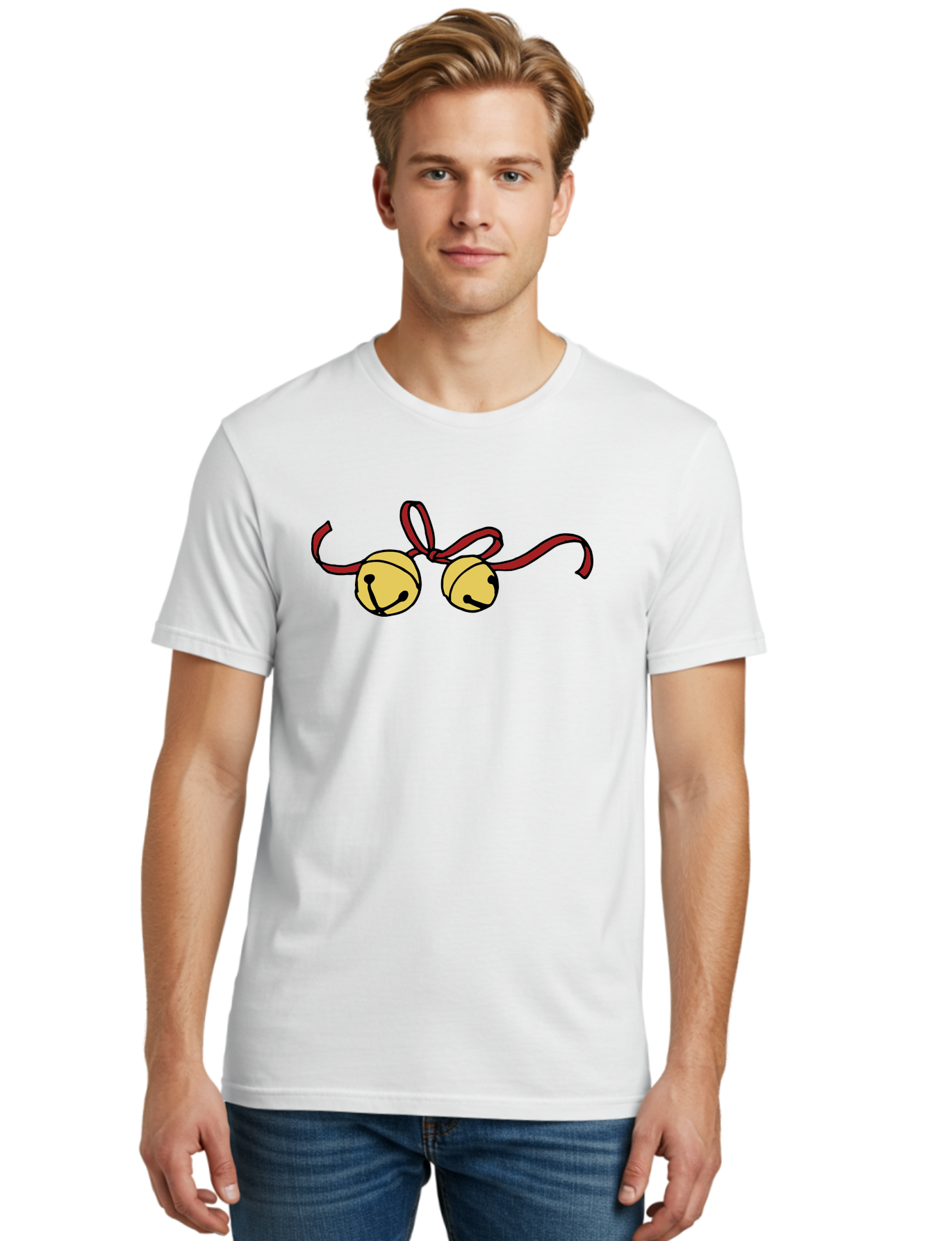 Sleigh-Bells Men'S Graphic Tee, 100% Cotton, Comfortable Casual Summer Wear, Machine Washable, Sleigh Bells, Jingle Bells, Red Ribbon, Festive Decor, Christmas Decorations, Holiday Cheer, Winter Wonderland, Cartoon Illustration, Yellow Bells Aab107