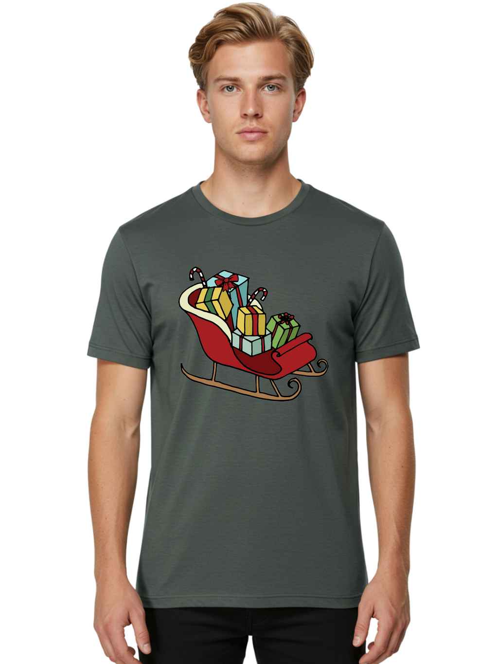 Sleigh-With-Gifts Men'S Graphic Tee, 100% Cotton, Comfortable Casual Summer Wear, Machine Washable, Christmas Gifts, Wrapped Presents, Red Sleigh, Holiday Decorations, Candy Canes, Festive Atmosphere, Winter Season, Joyful Spirit, Gift Giving, Aab108