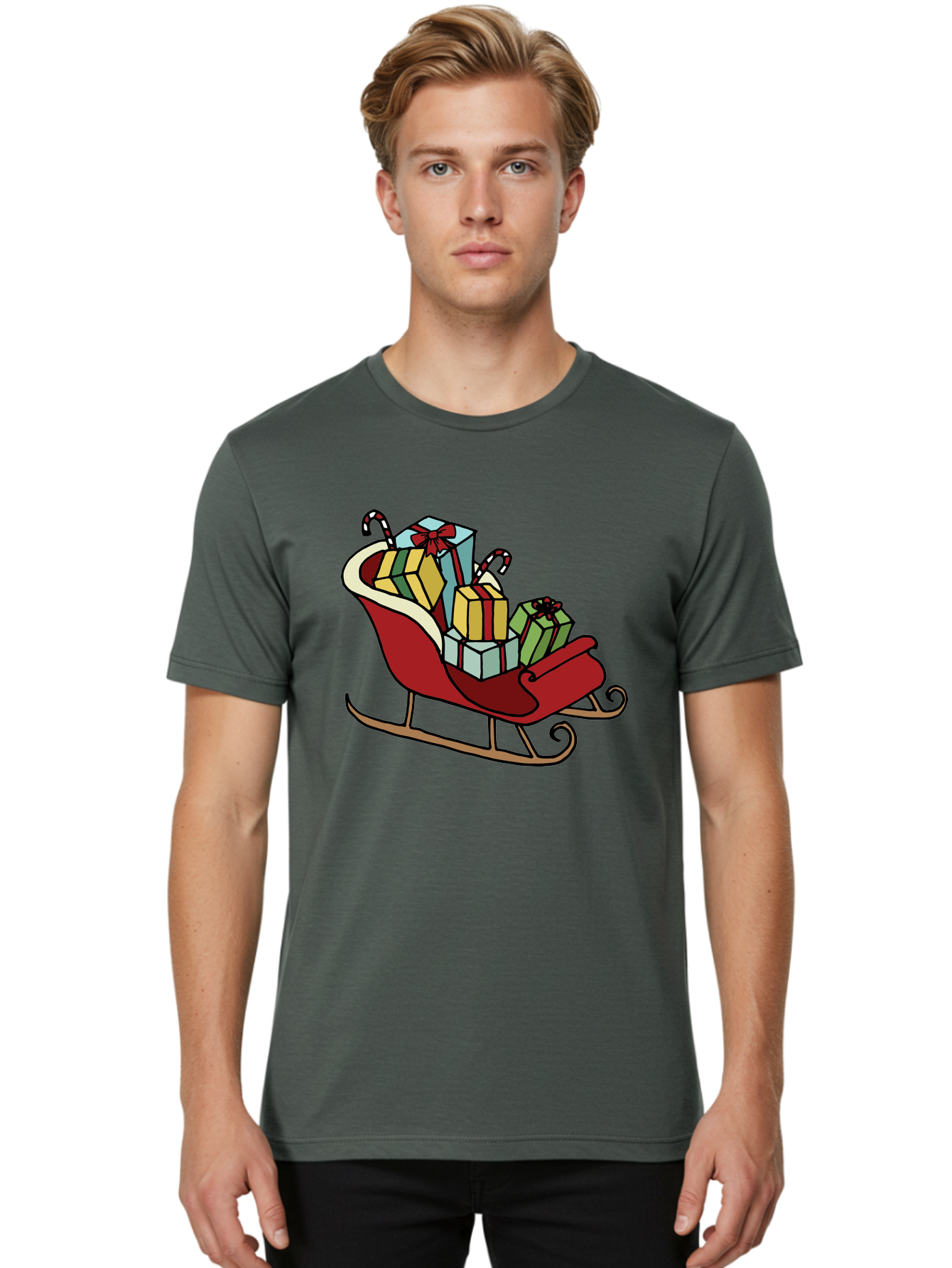 Sleigh-With-Gifts Men'S Graphic Tee, 100% Cotton, Comfortable Casual Summer Wear, Machine Washable, Christmas Gifts, Wrapped Presents, Red Sleigh, Holiday Decorations, Candy Canes, Festive Atmosphere, Winter Season, Joyful Spirit, Gift Giving, Aab108