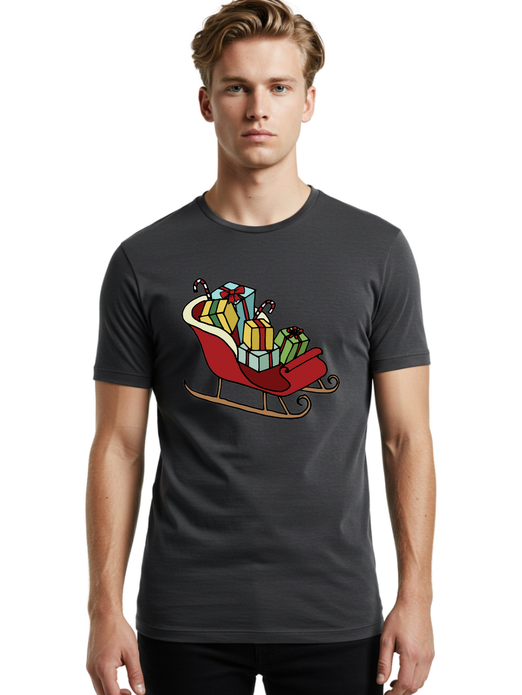 Sleigh-With-Gifts Men'S Graphic Tee, 100% Cotton, Comfortable Casual Summer Wear, Machine Washable, Christmas Gifts, Wrapped Presents, Red Sleigh, Holiday Decorations, Candy Canes, Festive Atmosphere, Winter Season, Joyful Spirit, Gift Giving, Aab108
