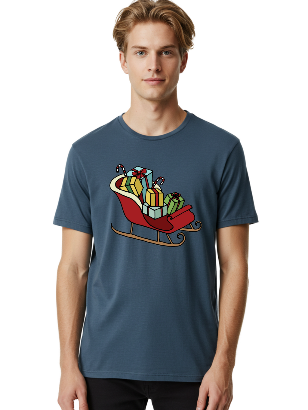 Sleigh-With-Gifts Men'S Graphic Tee, 100% Cotton, Comfortable Casual Summer Wear, Machine Washable, Christmas Gifts, Wrapped Presents, Red Sleigh, Holiday Decorations, Candy Canes, Festive Atmosphere, Winter Season, Joyful Spirit, Gift Giving, Aab108