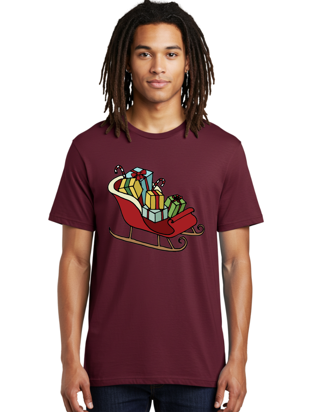 Sleigh-With-Gifts Men'S Graphic Tee, 100% Cotton, Comfortable Casual Summer Wear, Machine Washable, Christmas Gifts, Wrapped Presents, Red Sleigh, Holiday Decorations, Candy Canes, Festive Atmosphere, Winter Season, Joyful Spirit, Gift Giving, Aab108